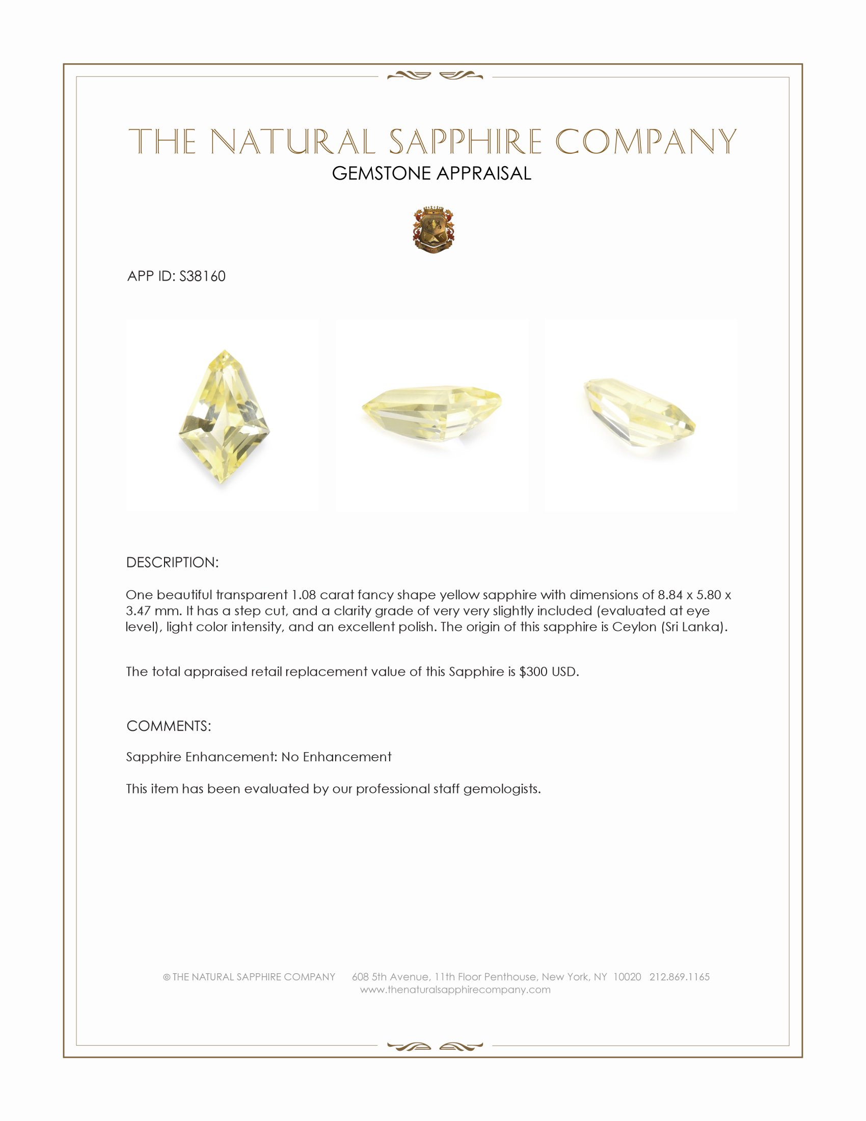 1.08 Ct. Yellow Sapphire from Ceylon (Sri Lanka)
