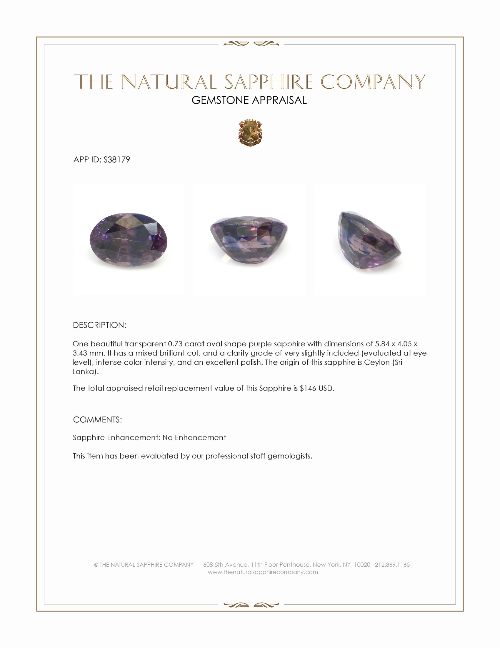 0.73 Ct. Purple Sapphire from Ceylon (Sri Lanka)