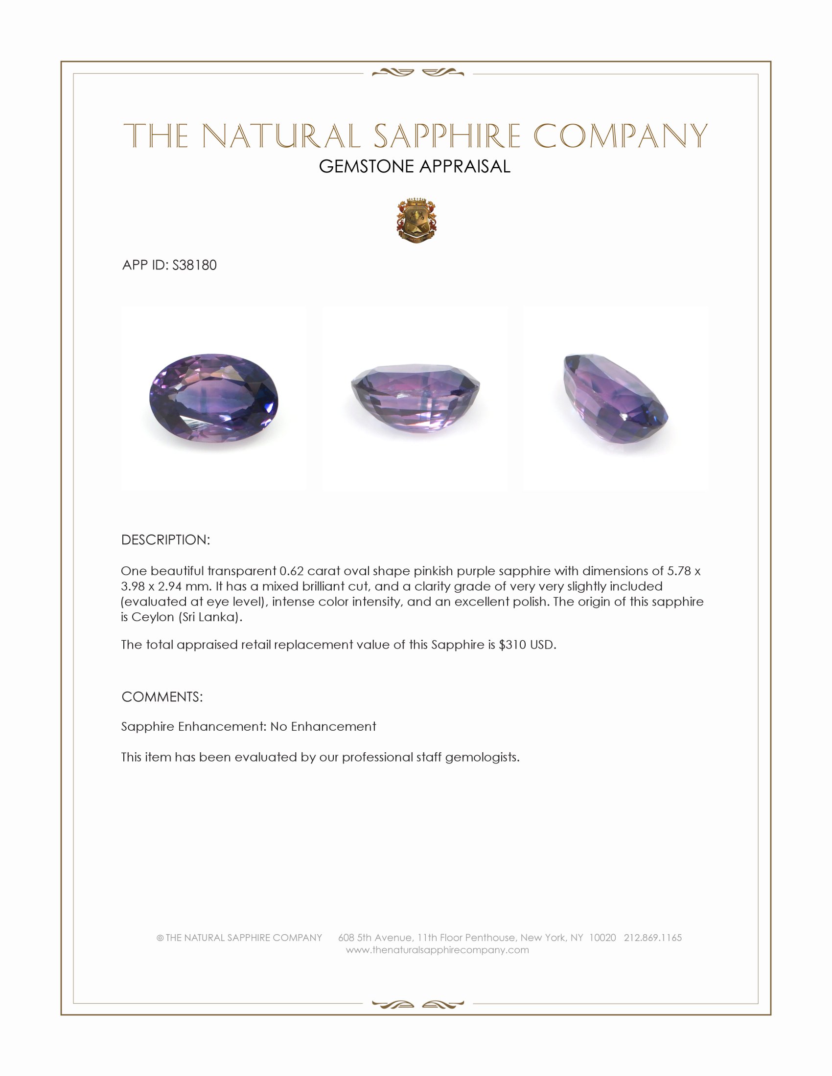 0.62 Ct. Pinkish Purple Sapphire from Ceylon (Sri Lanka)