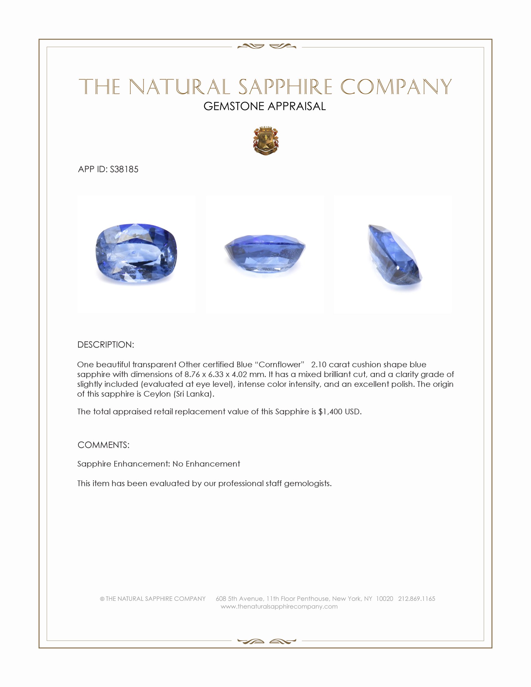 2.10 Ct. Blue Sapphire from Ceylon (Sri Lanka)