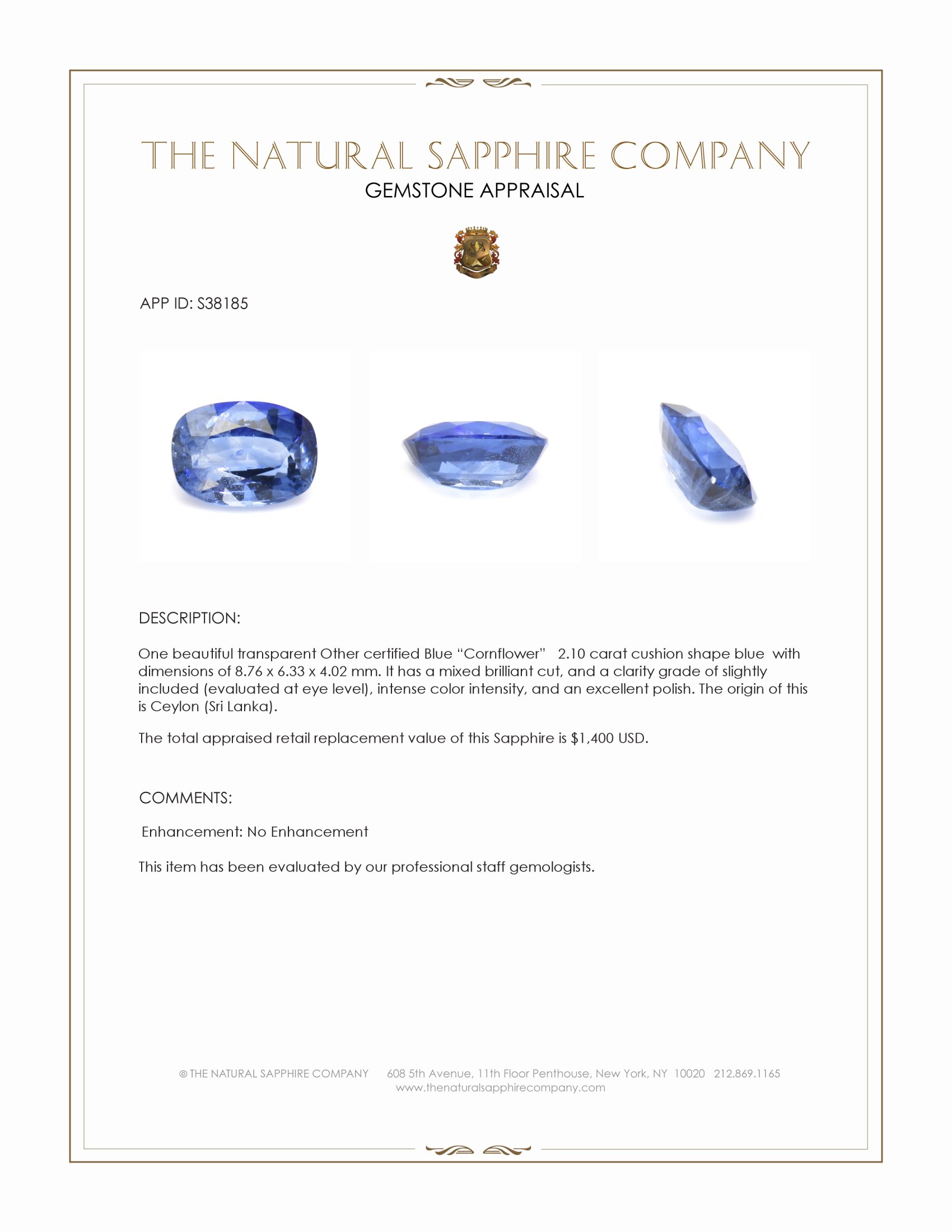 2.10 Ct. Blue Sapphire from Ceylon (Sri Lanka)
