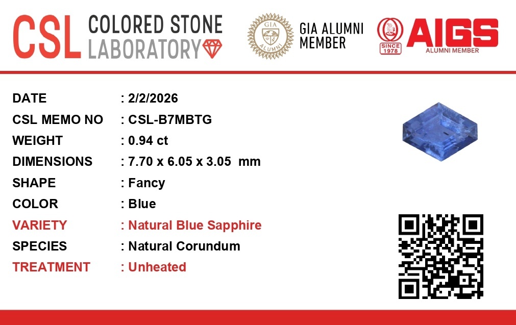 0.94 Ct. Blue Sapphire from Ceylon (Sri Lanka)