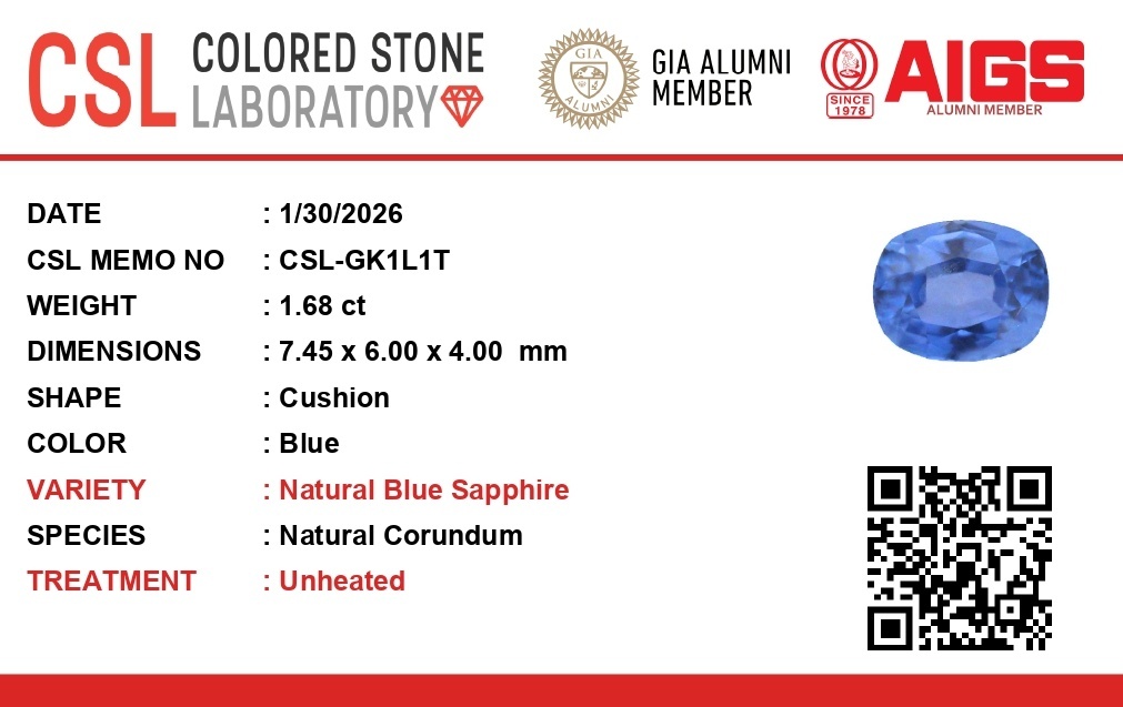 1.68 Ct. Blue Sapphire from Ceylon (Sri Lanka)