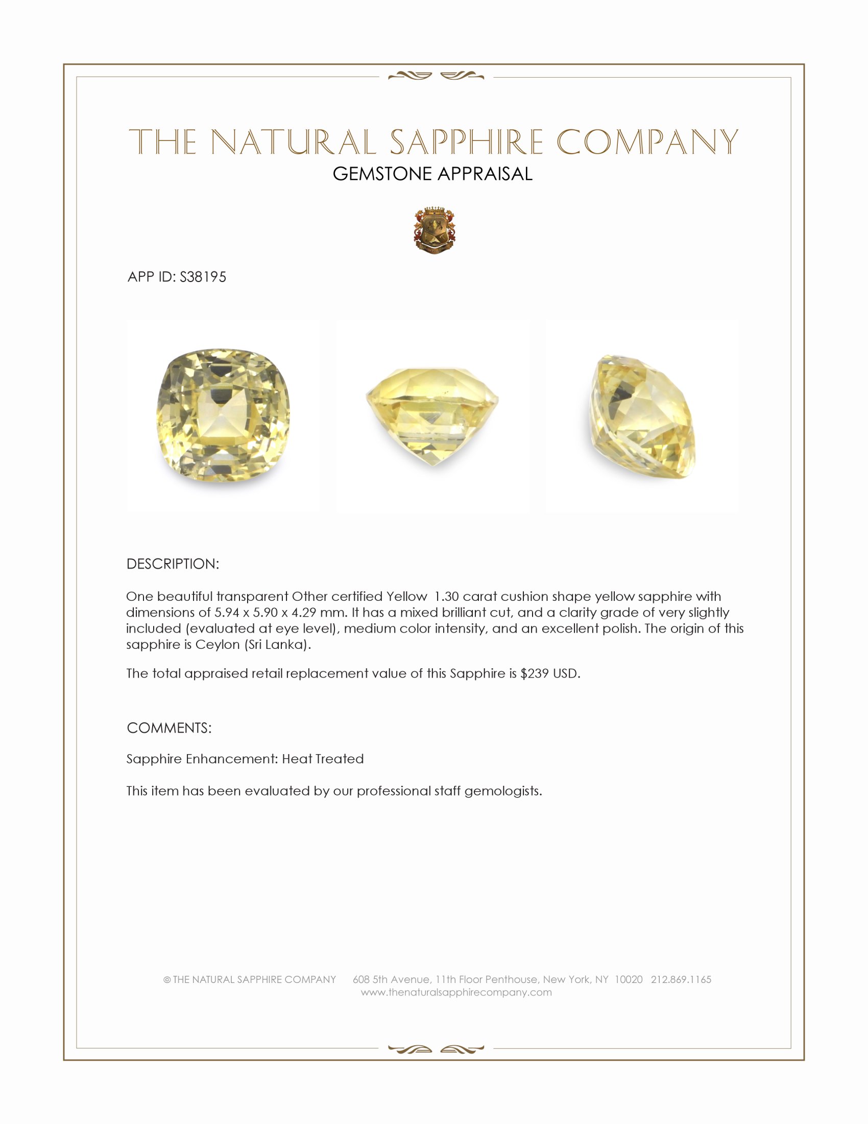 1.30 Ct. Yellow Sapphire from Ceylon (Sri Lanka)