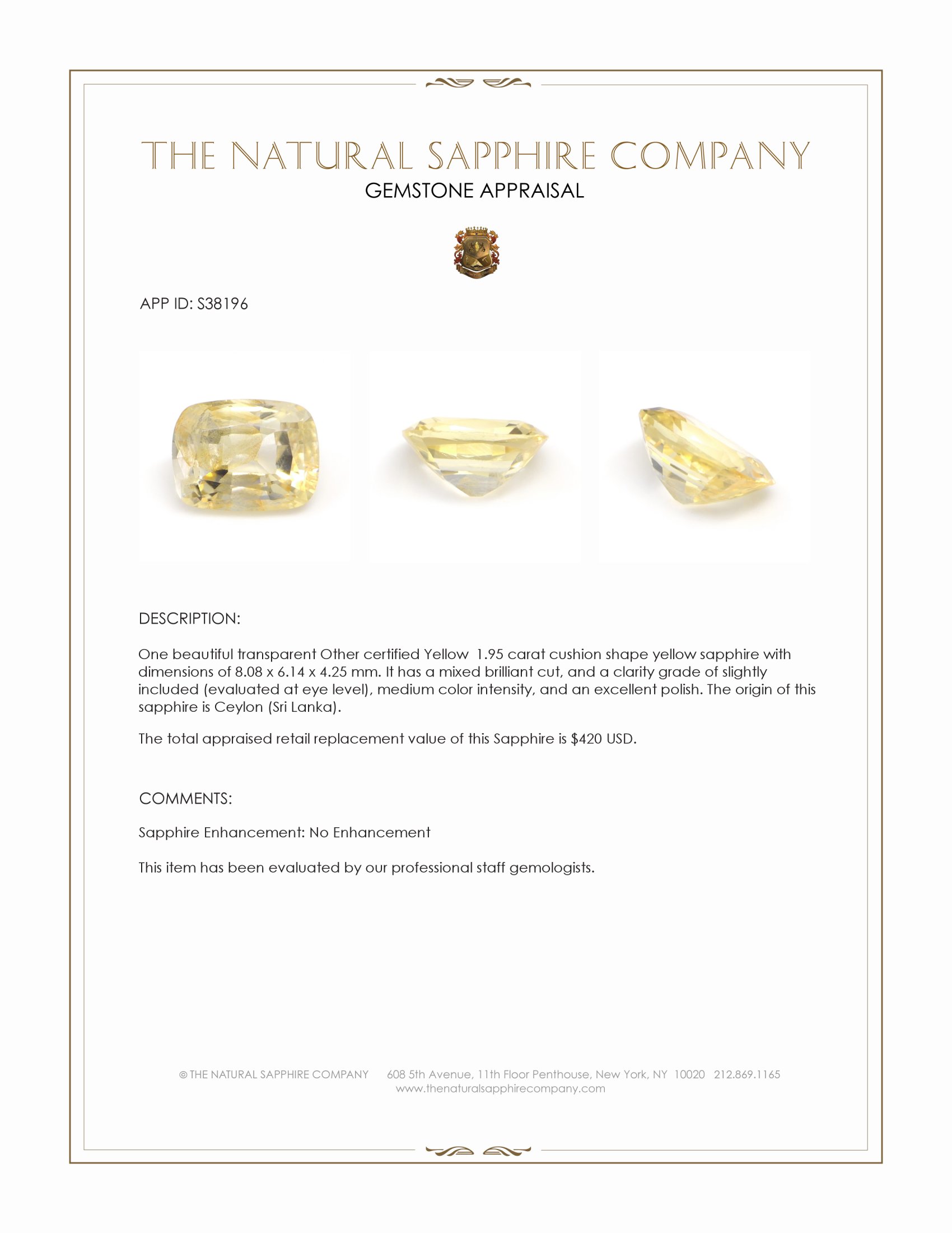 1.95 Ct. Yellow Sapphire from Ceylon (Sri Lanka)