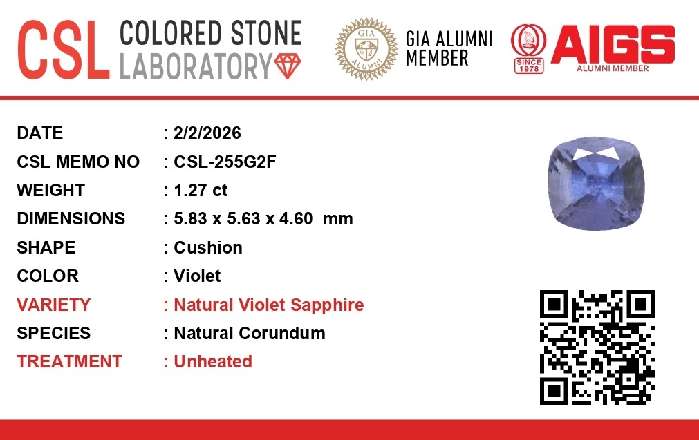 1.26 Ct. Violet Sapphire from Ceylon (Sri Lanka)