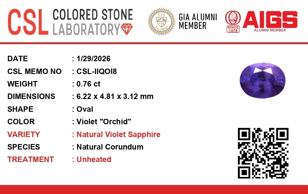0.76 Ct. Violet Sapphire from Ceylon (Sri Lanka)
