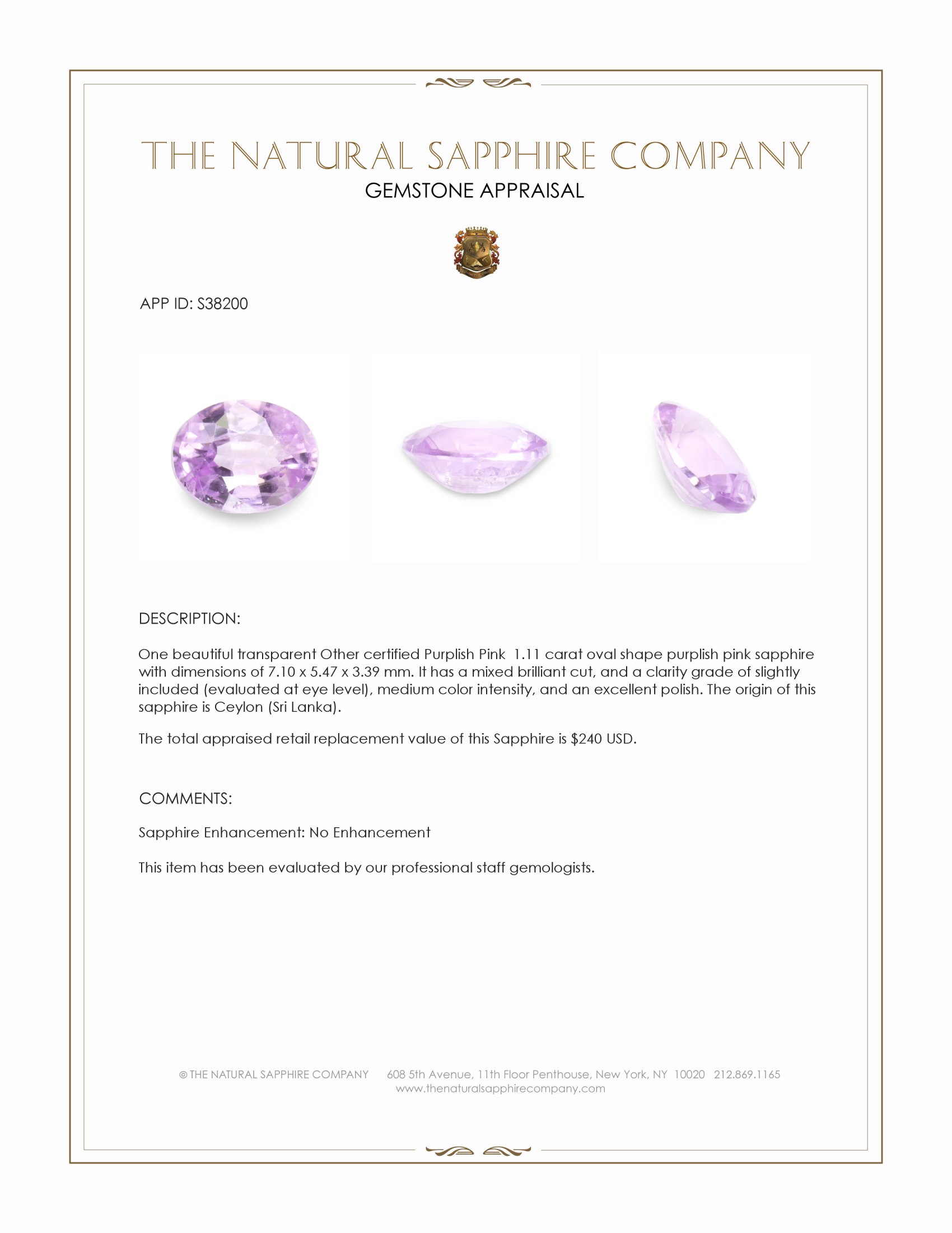 1.11 Ct. Purplish Pink Sapphire from Ceylon (Sri Lanka)
