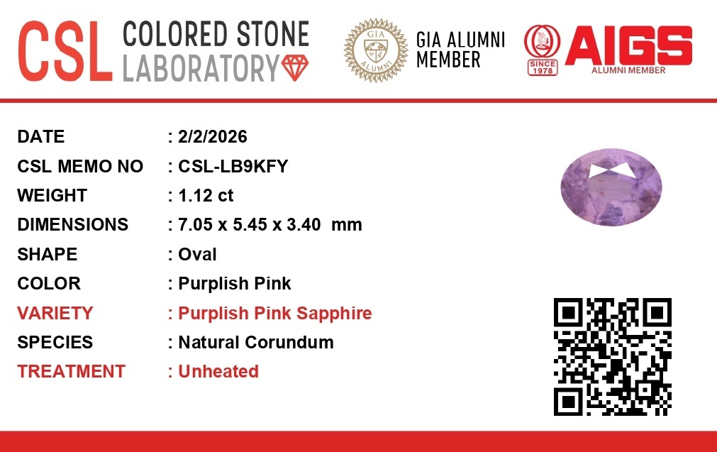 1.11 Ct. Purplish Pink Sapphire from Ceylon (Sri Lanka)