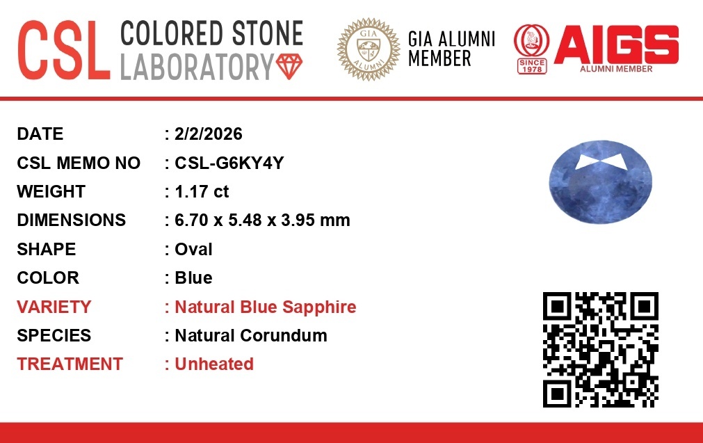 1.17 Ct. Blue Sapphire from Ceylon (Sri Lanka)