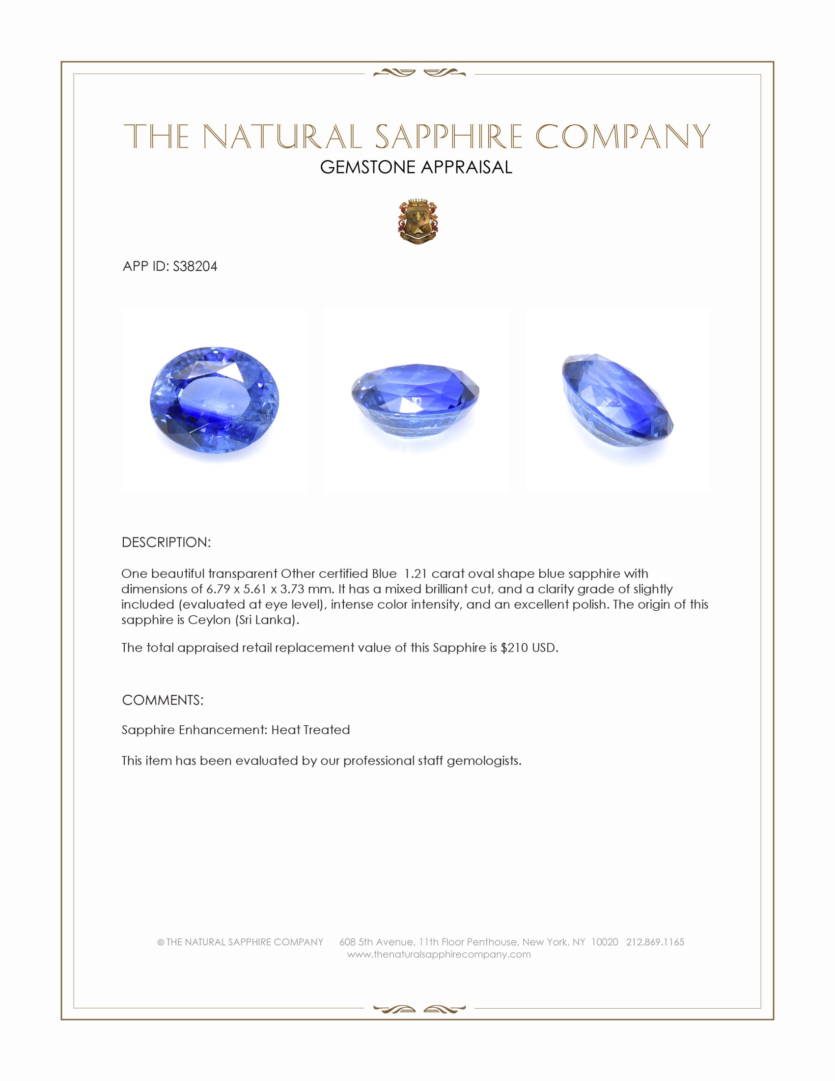 1.21 Ct. Blue Sapphire from Ceylon (Sri Lanka)
