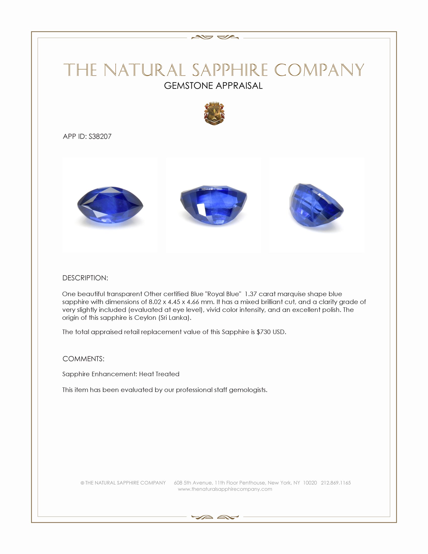 1.37 Ct. Blue Sapphire from Ceylon (Sri Lanka)