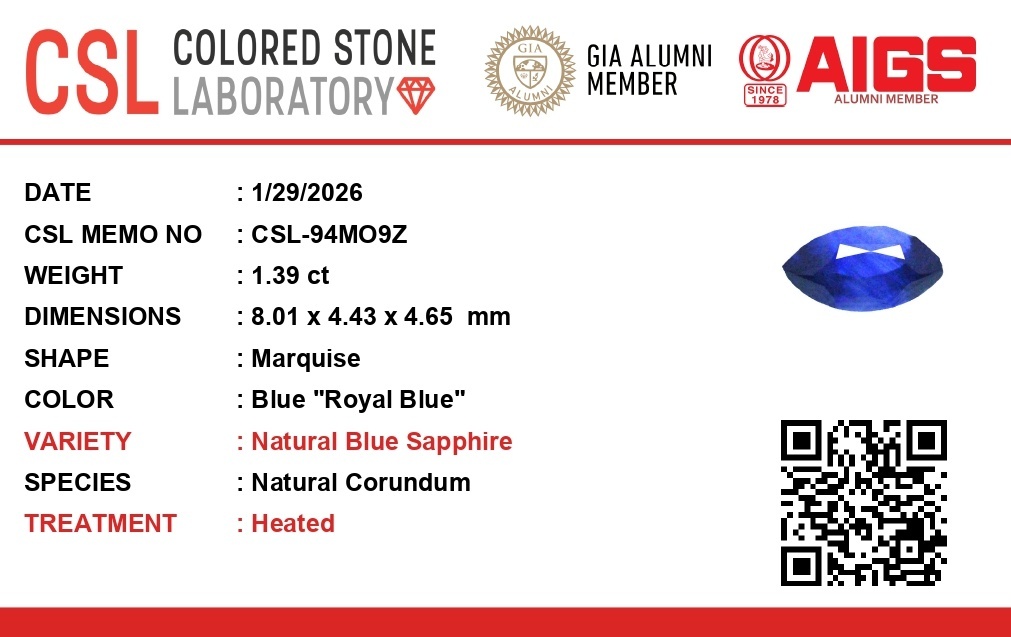 1.37 Ct. Blue Sapphire from Ceylon (Sri Lanka)