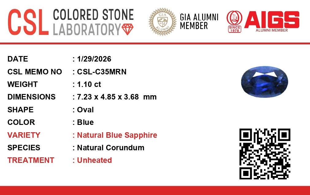 1.10 Ct. Blue Sapphire from Ceylon (Sri Lanka)