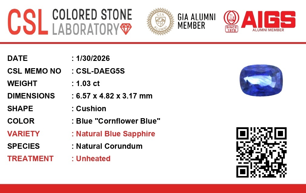 1.03 Ct. Blue Sapphire from Ceylon (Sri Lanka)