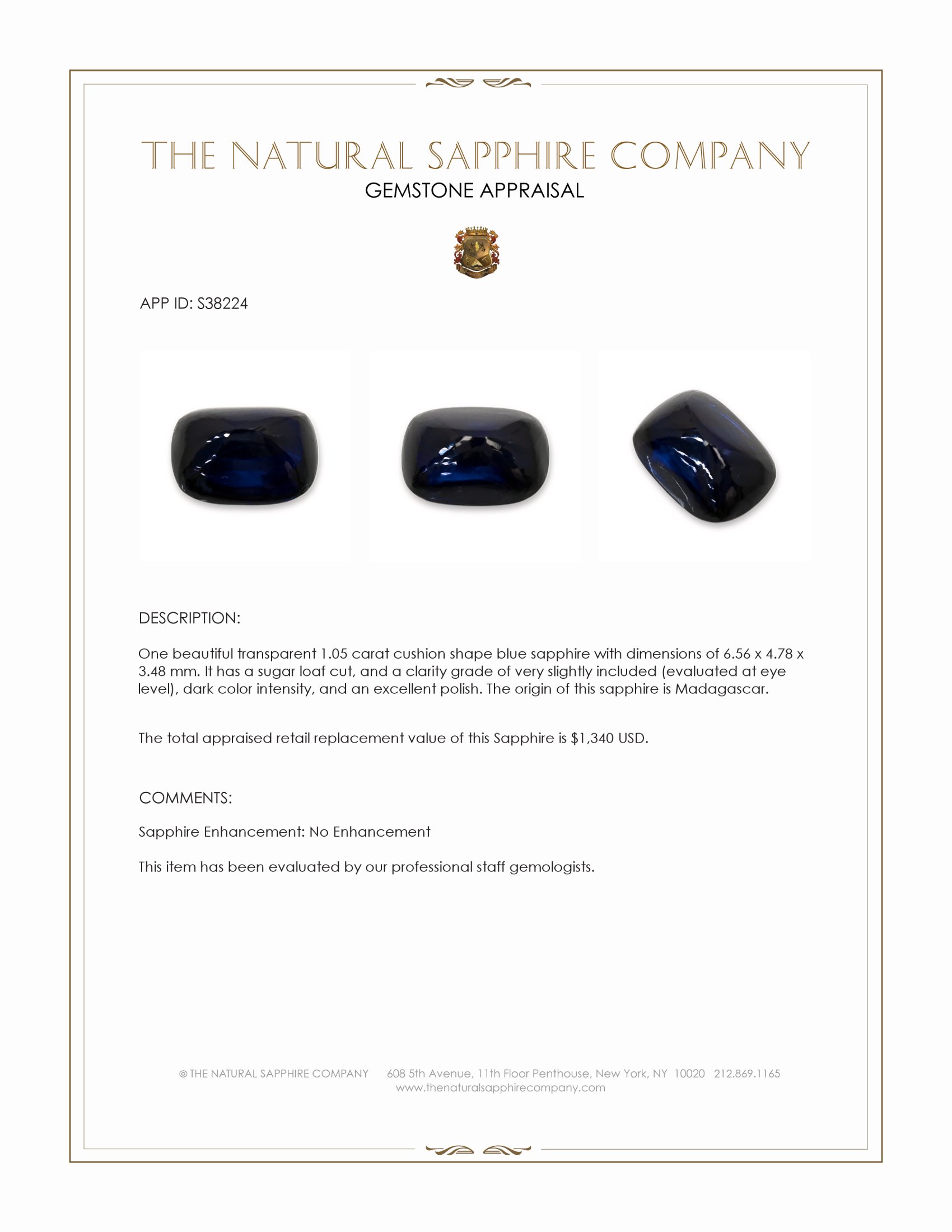 1.05 Ct. Blue Cabochon Sapphire from Madagascar