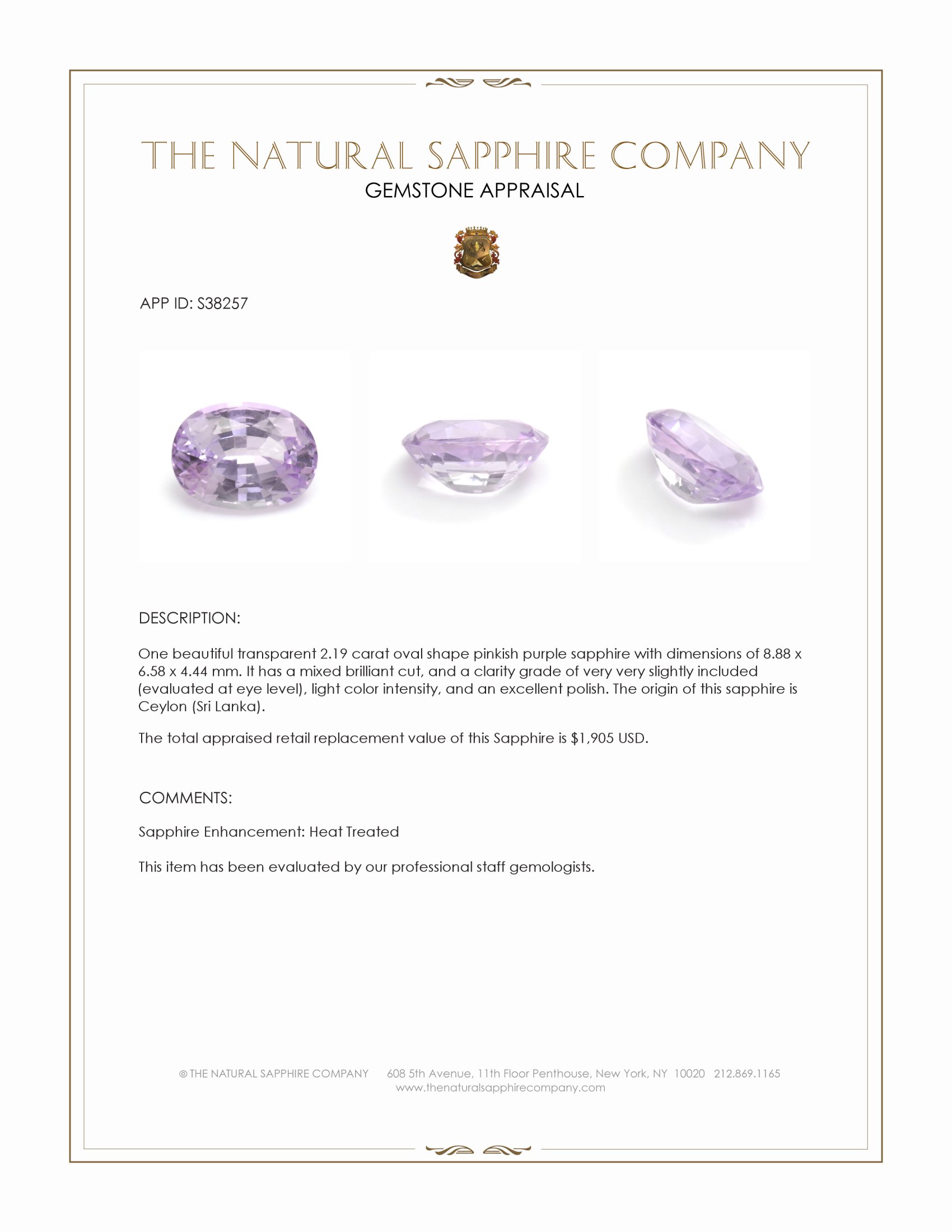 2.19 Ct. Pinkish Purple Sapphire from Ceylon (Sri Lanka)