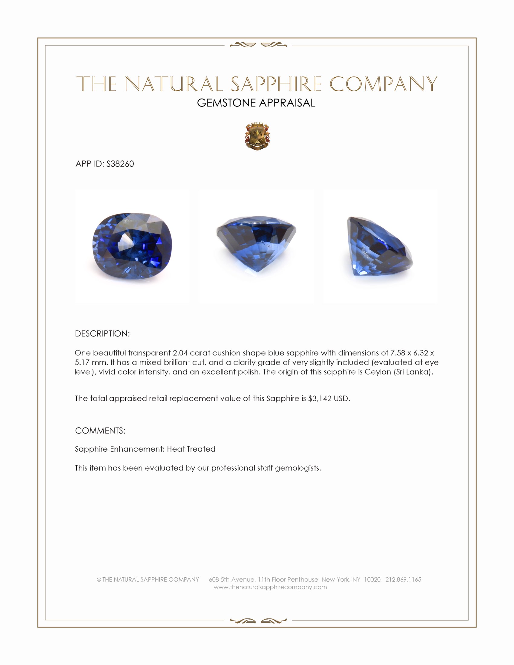 2.04 Ct. Blue Sapphire from Ceylon (Sri Lanka)