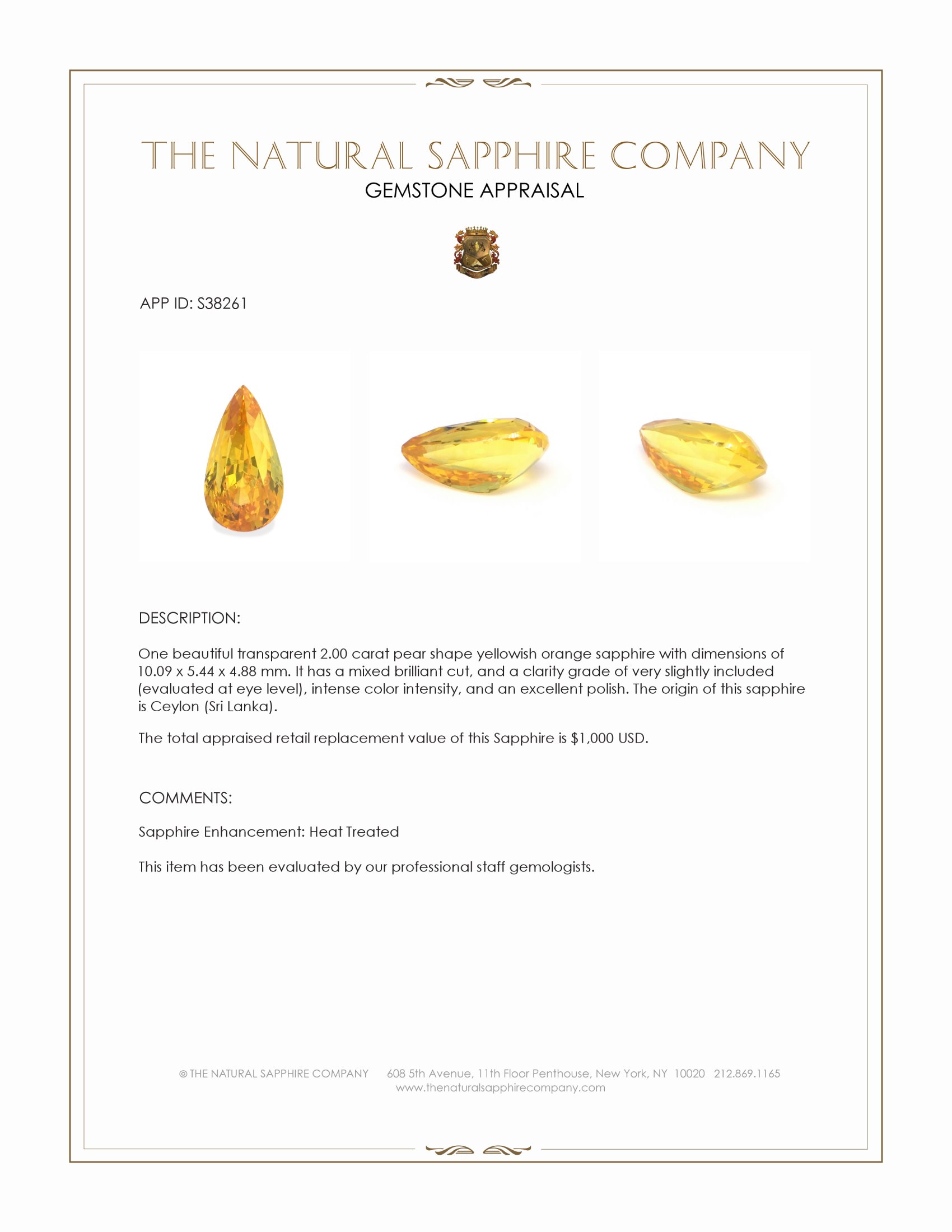 2.00 Ct. Yellowish Orange Sapphire from Ceylon (Sri Lanka)