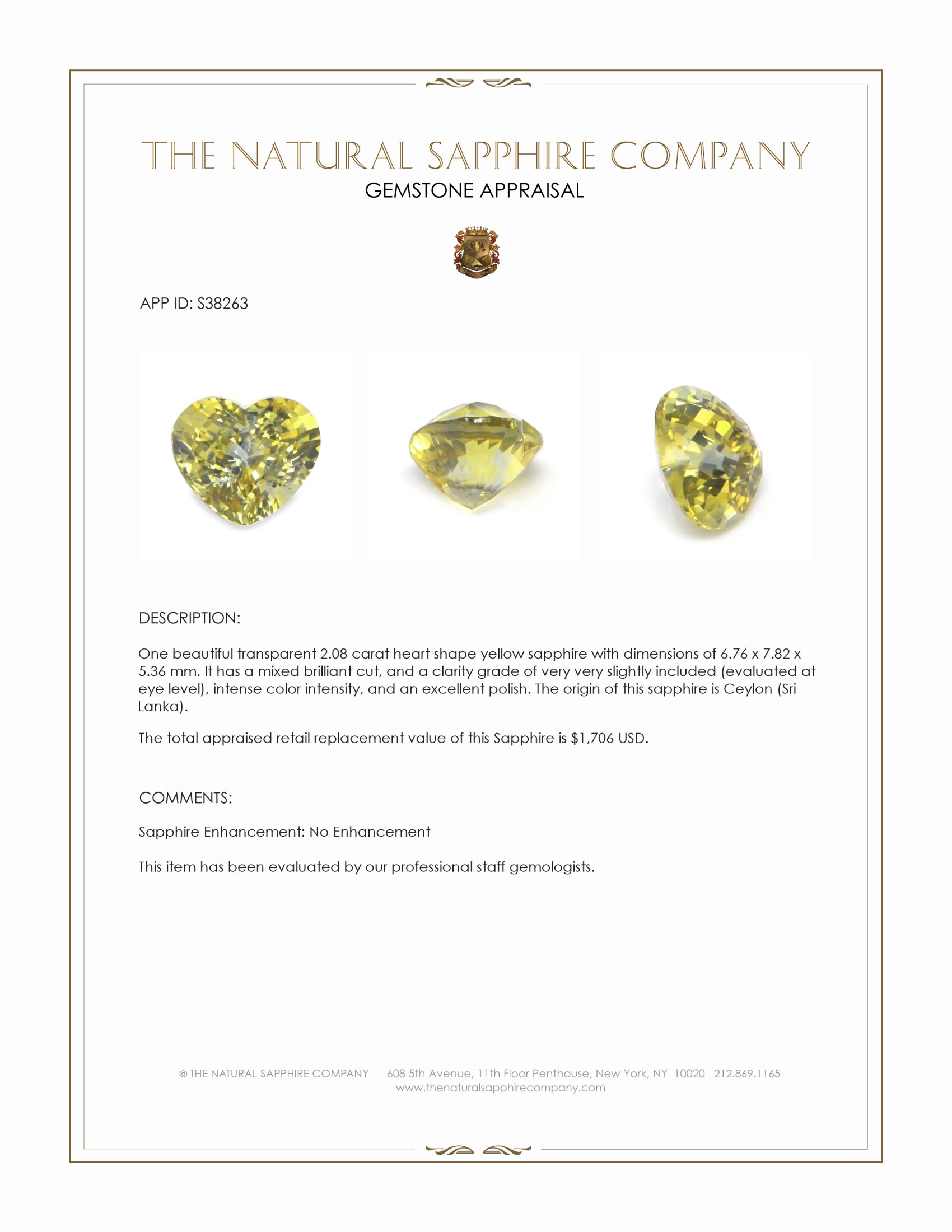 2.08 Ct. Yellow Sapphire from Ceylon (Sri Lanka)