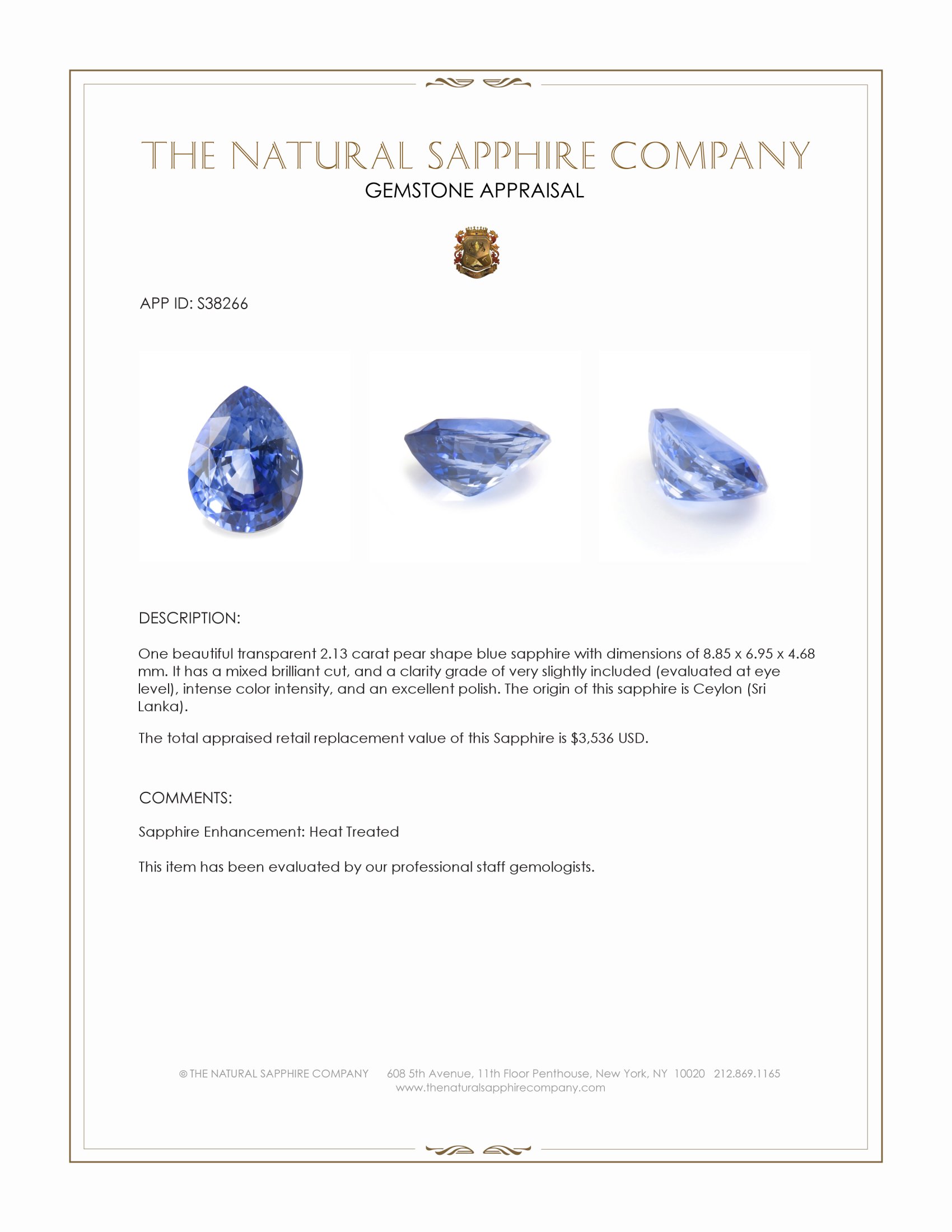 2.13 Ct. Blue Sapphire from Ceylon (Sri Lanka)