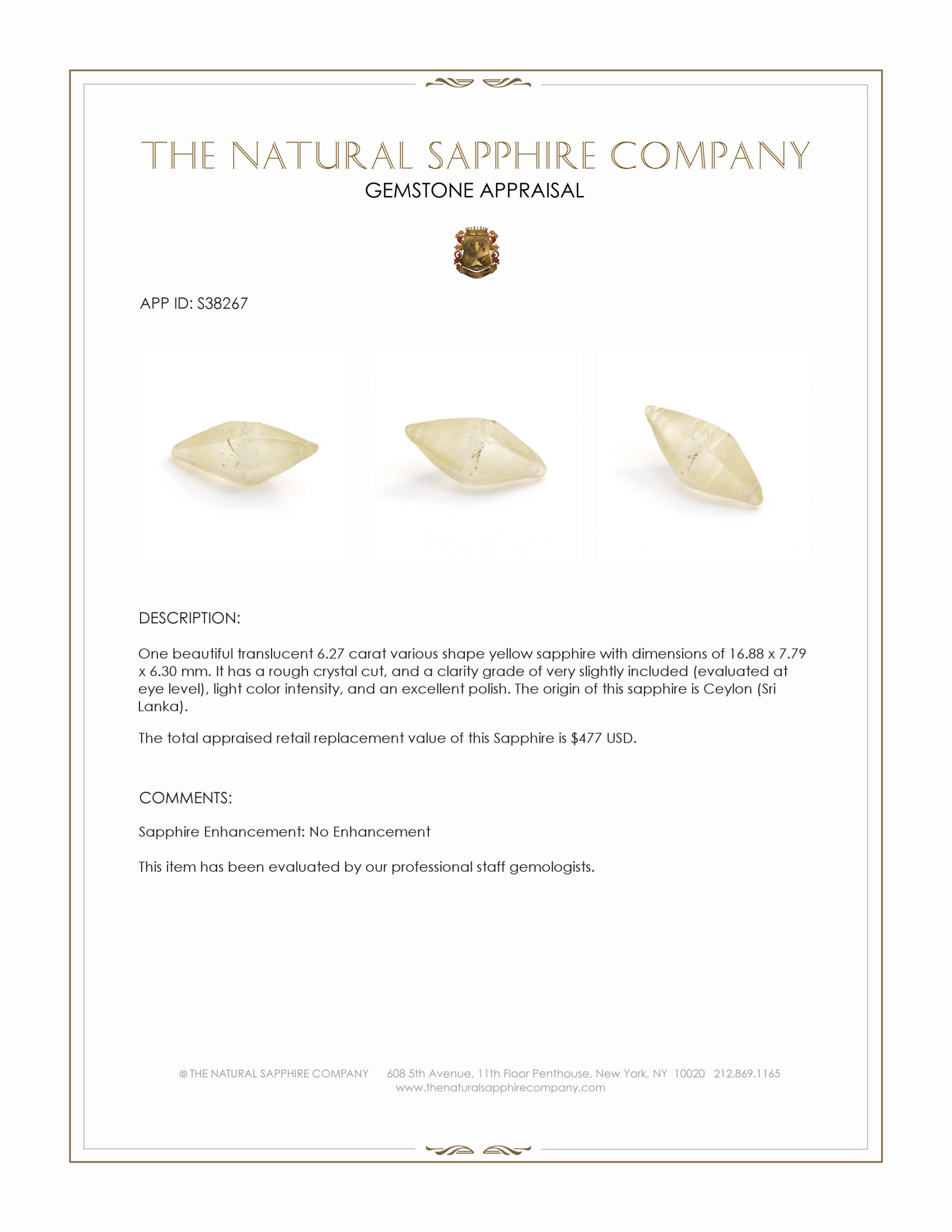 6.27 Ct. Yellow Sapphire Crystal from Ceylon (Sri Lanka)