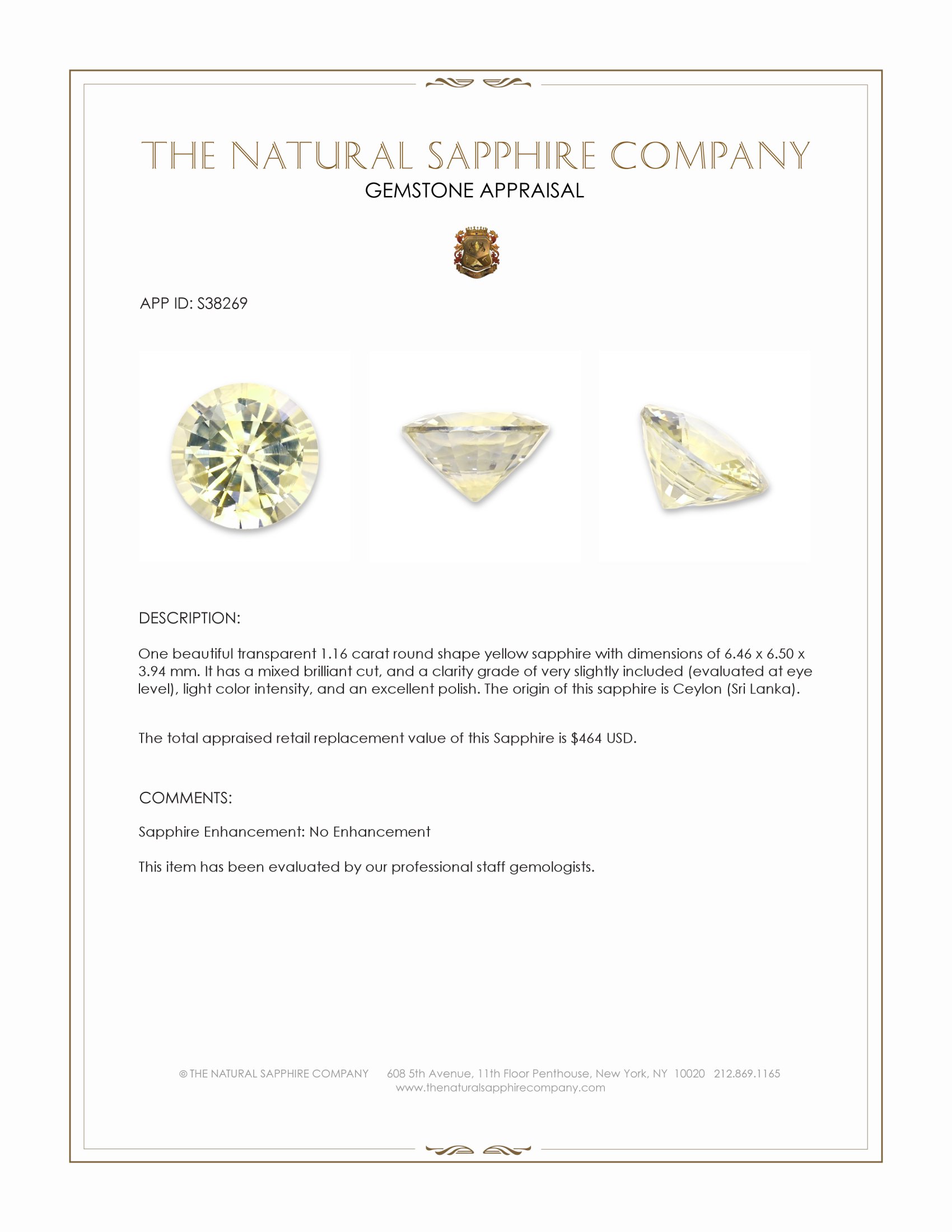 1.16 Ct. Yellow Sapphire from Ceylon (Sri Lanka)