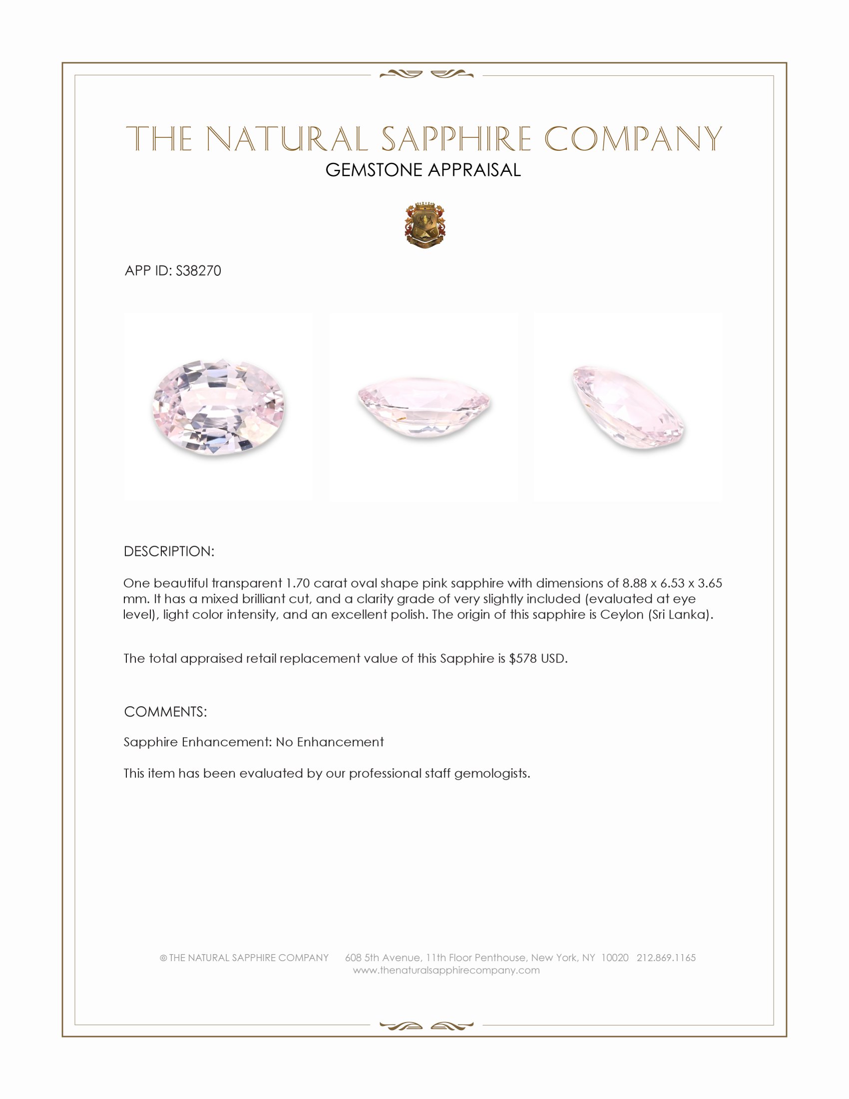 1.70 Ct. Pink Sapphire from Ceylon (Sri Lanka)