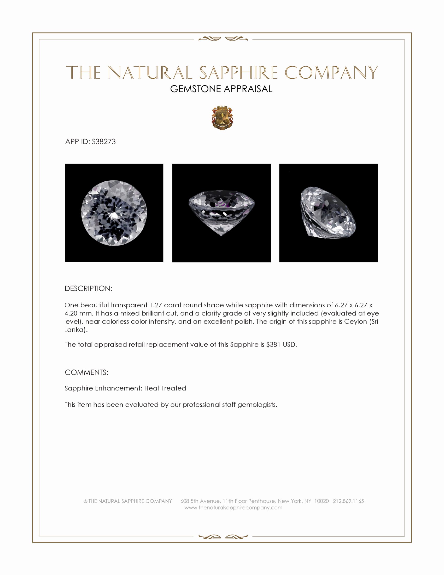 1.27 Ct. White Sapphire from Ceylon (Sri Lanka)