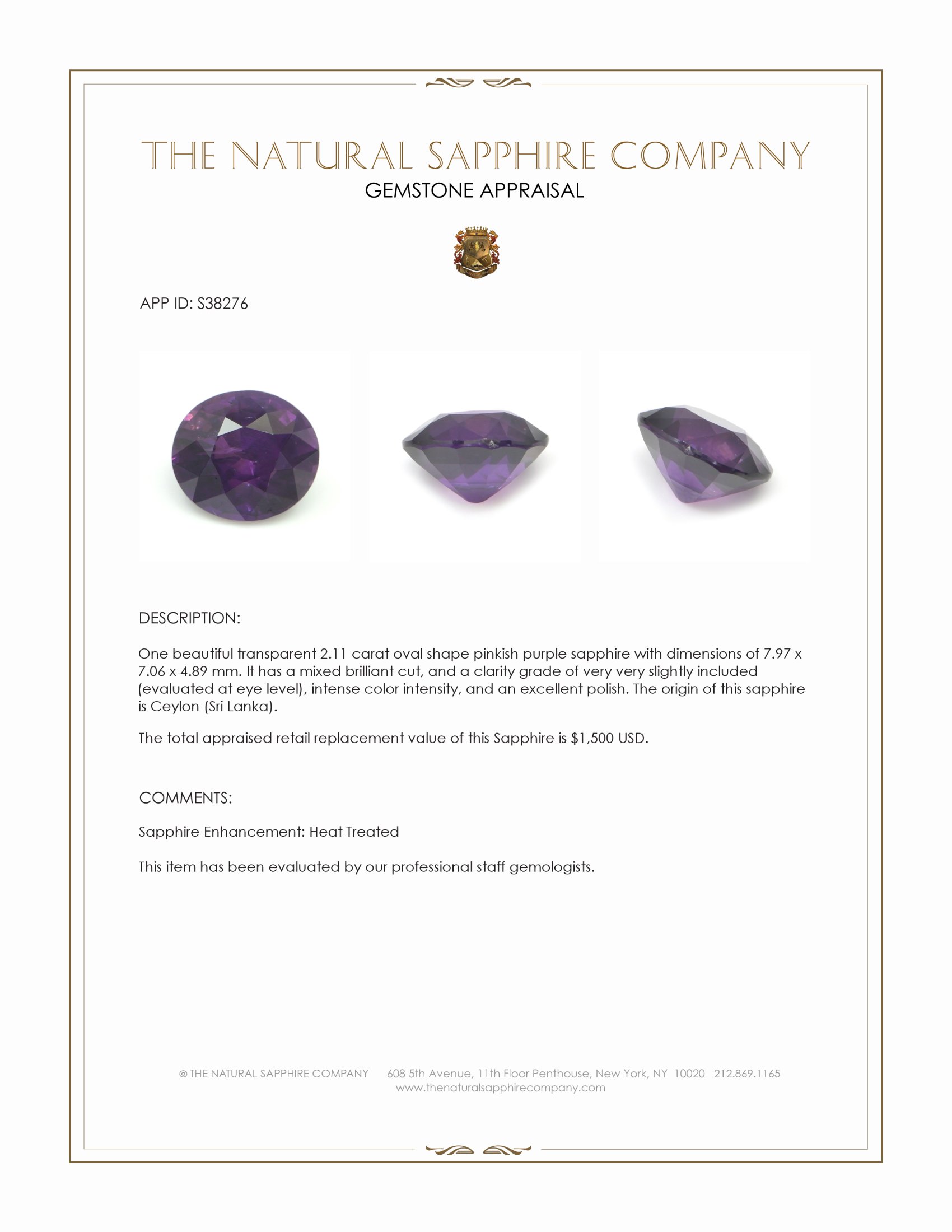2.11 Ct. Pinkish Purple Sapphire from Ceylon (Sri Lanka)