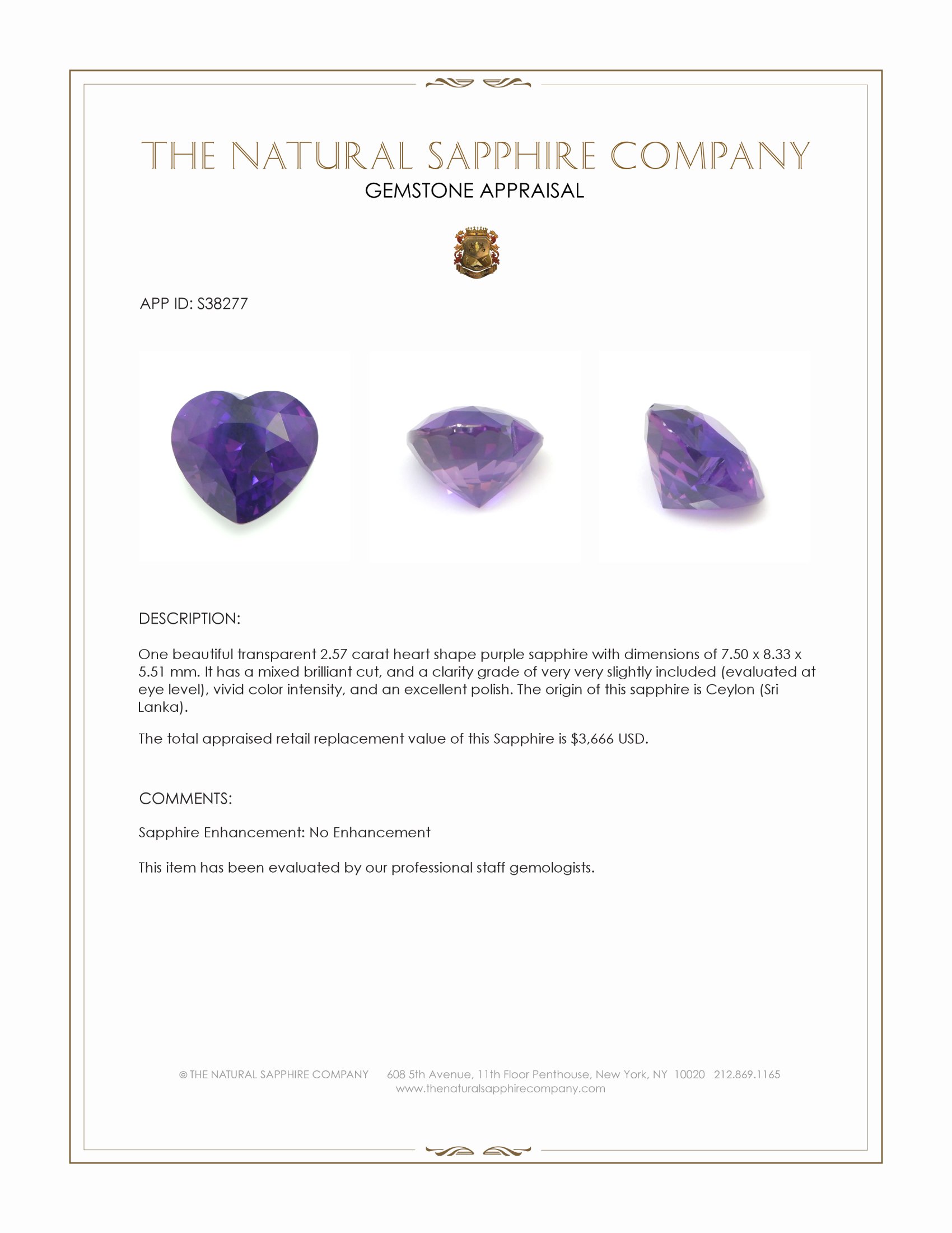 2.57 Ct. Purple Sapphire from Ceylon (Sri Lanka)