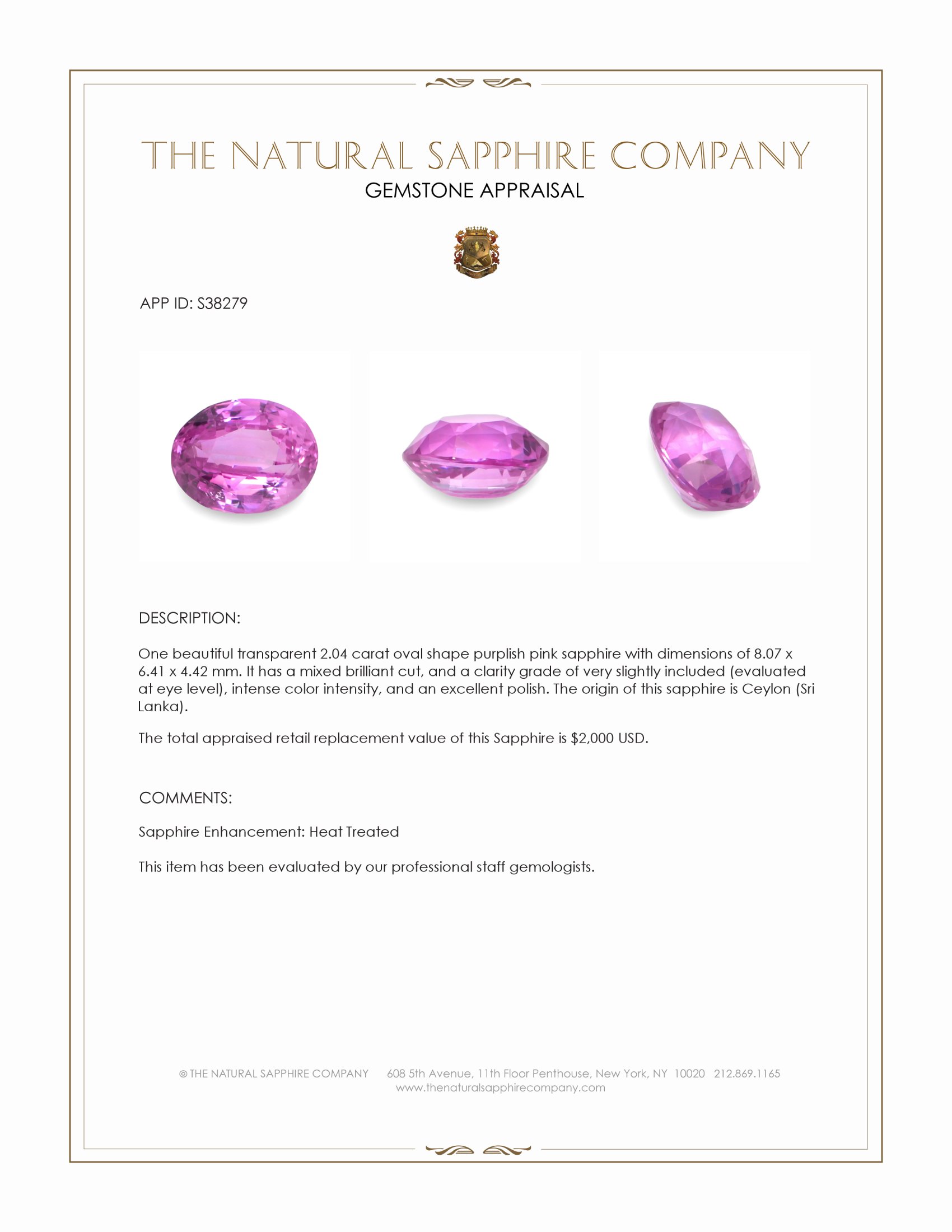 2.04 Ct. Purplish Pink Sapphire from Ceylon (Sri Lanka)