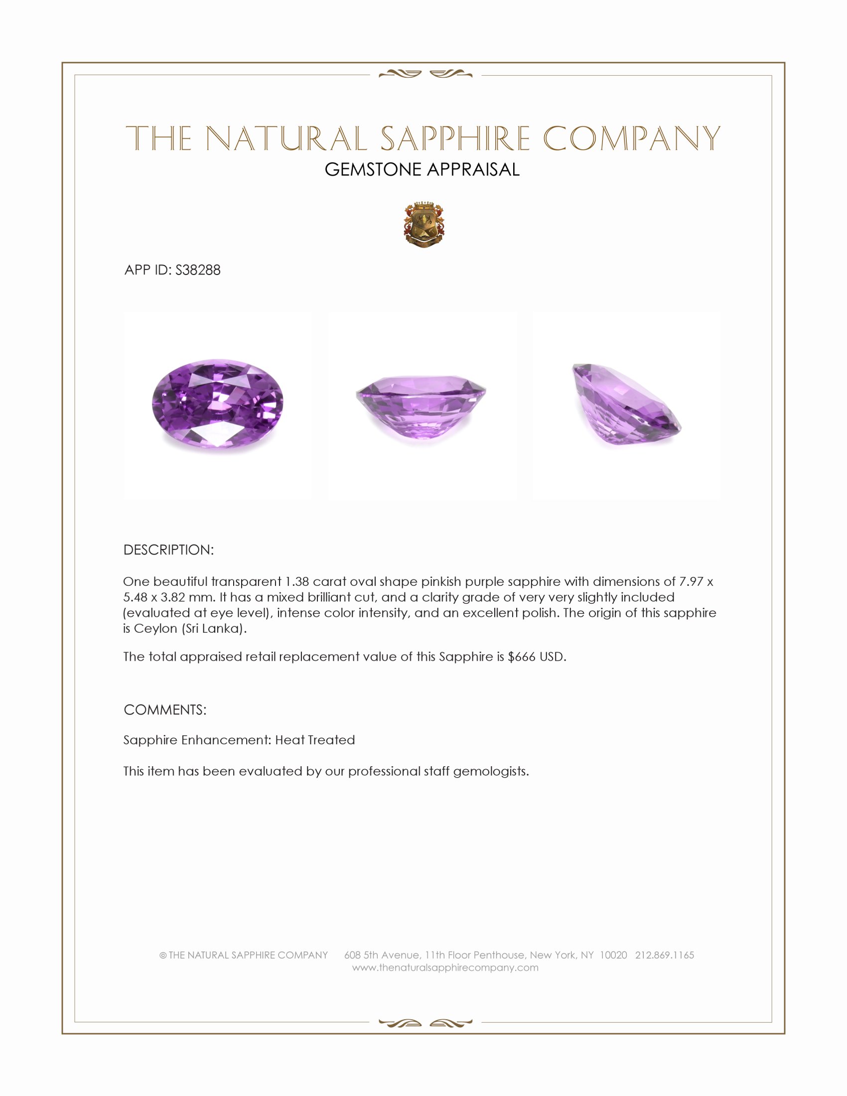 1.38 Ct. Pinkish Purple Sapphire from Ceylon (Sri Lanka)