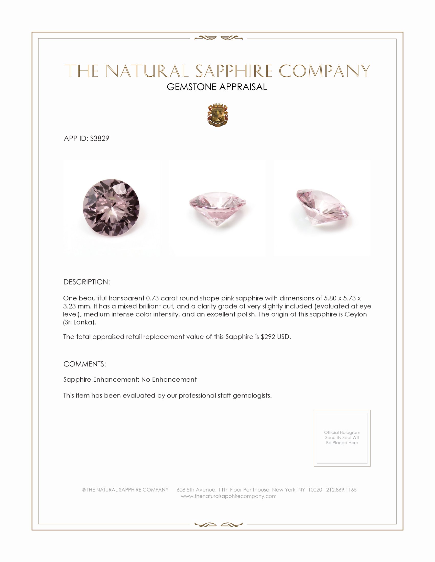 0.73 Ct. Pink Sapphire from Ceylon (Sri Lanka)