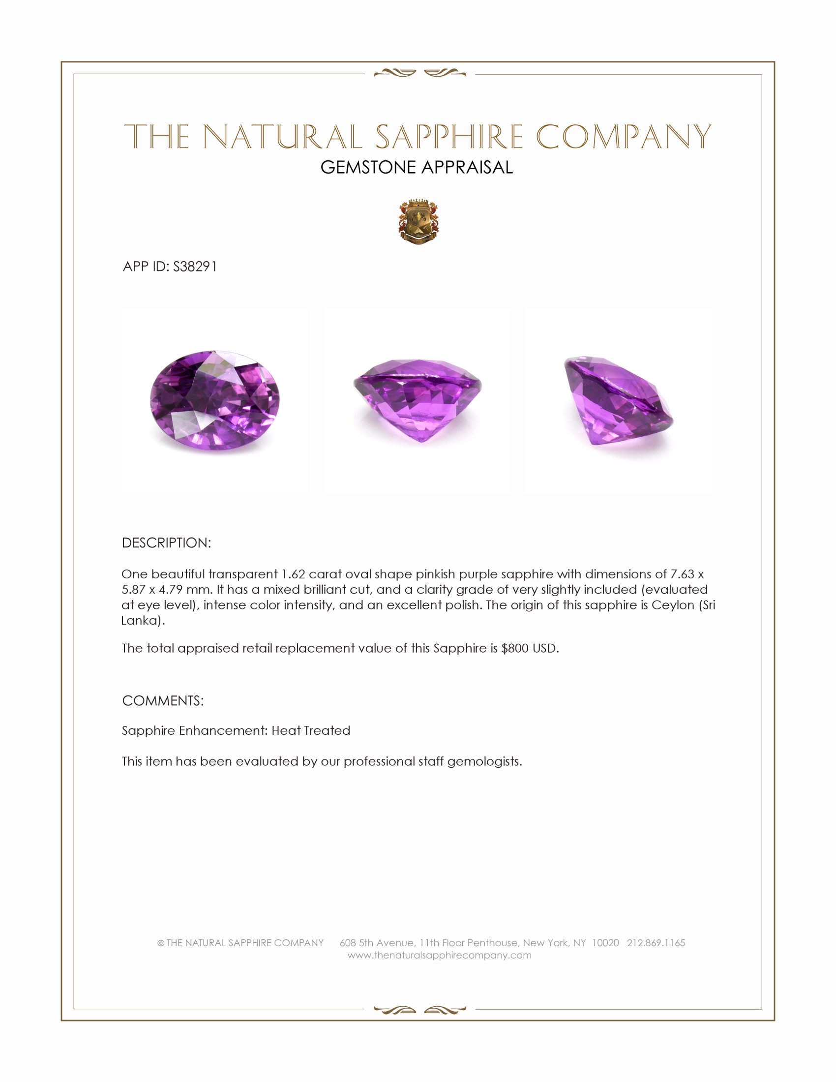 1.62 Ct. Pinkish Purple Sapphire from Ceylon (Sri Lanka)