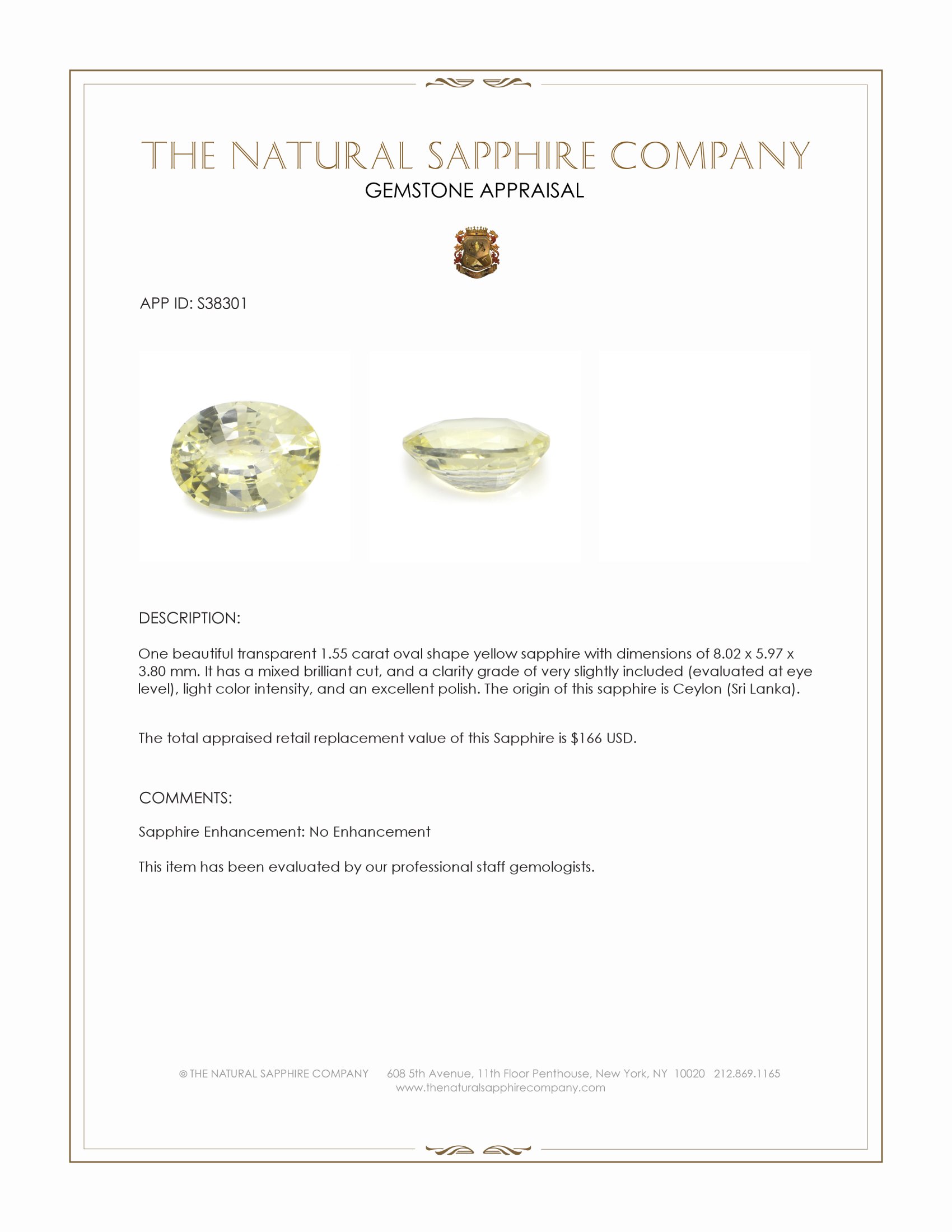 1.55 Ct. Yellow Sapphire from Ceylon (Sri Lanka)