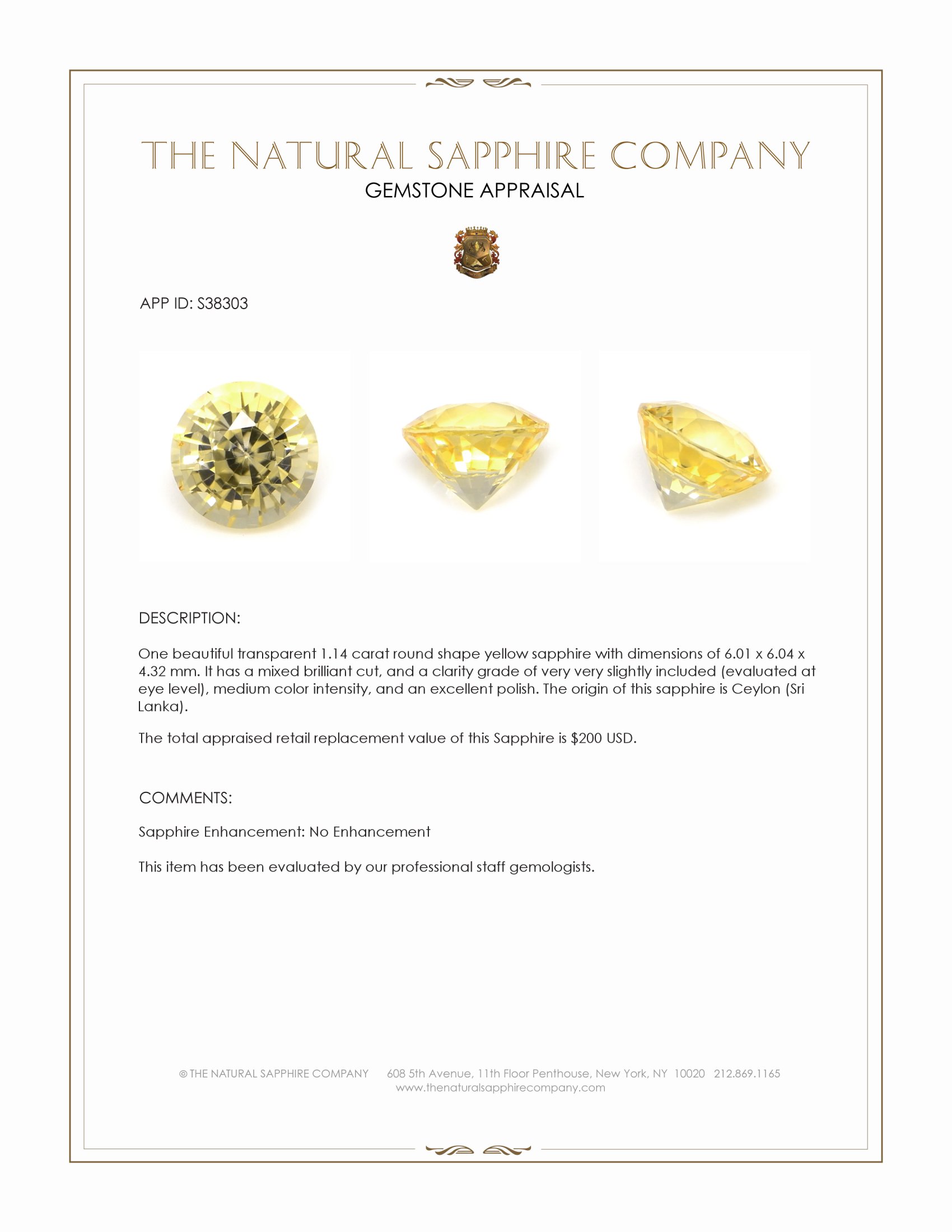 1.14 Ct. Yellow Sapphire from Ceylon (Sri Lanka)