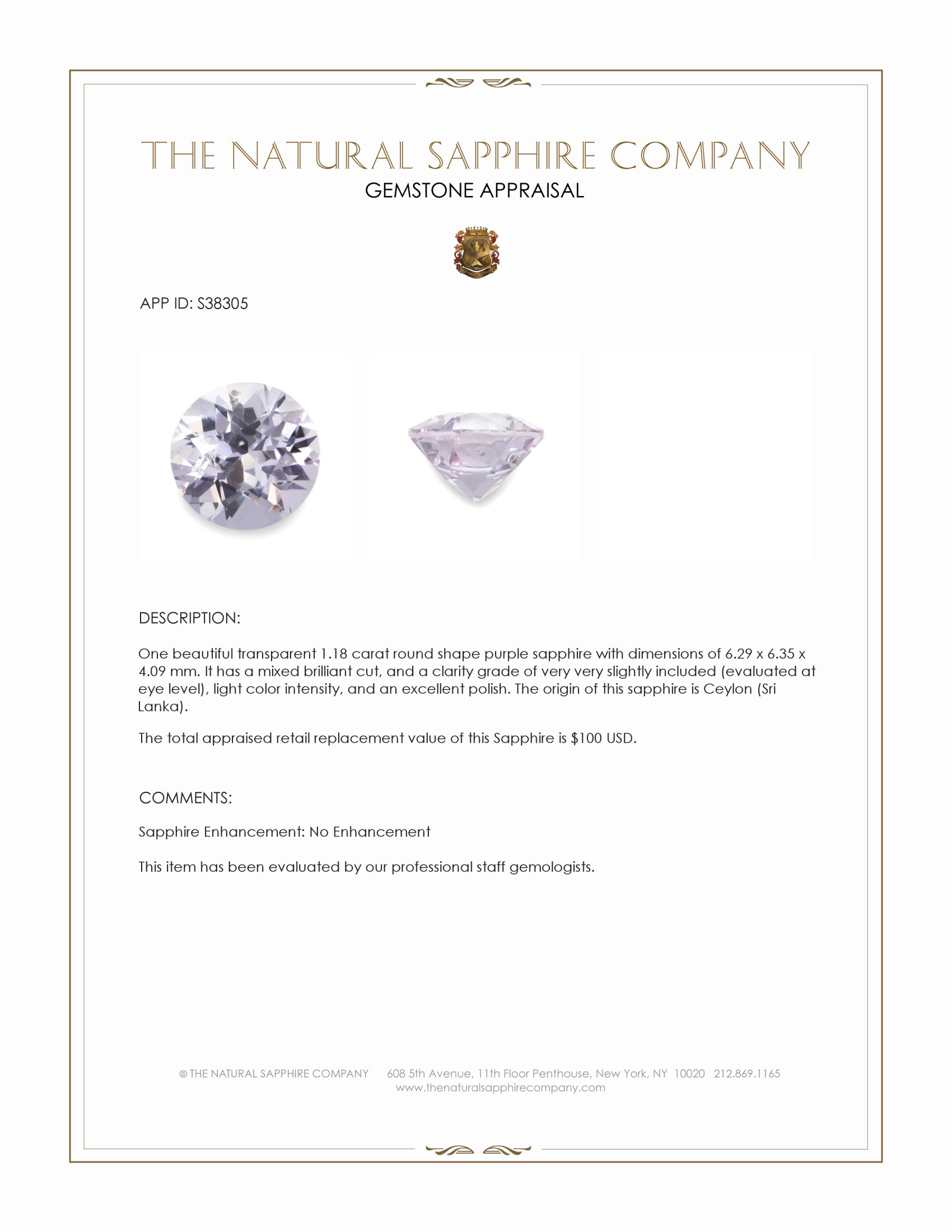 1.18 Ct. Purple Sapphire from Ceylon (Sri Lanka)
