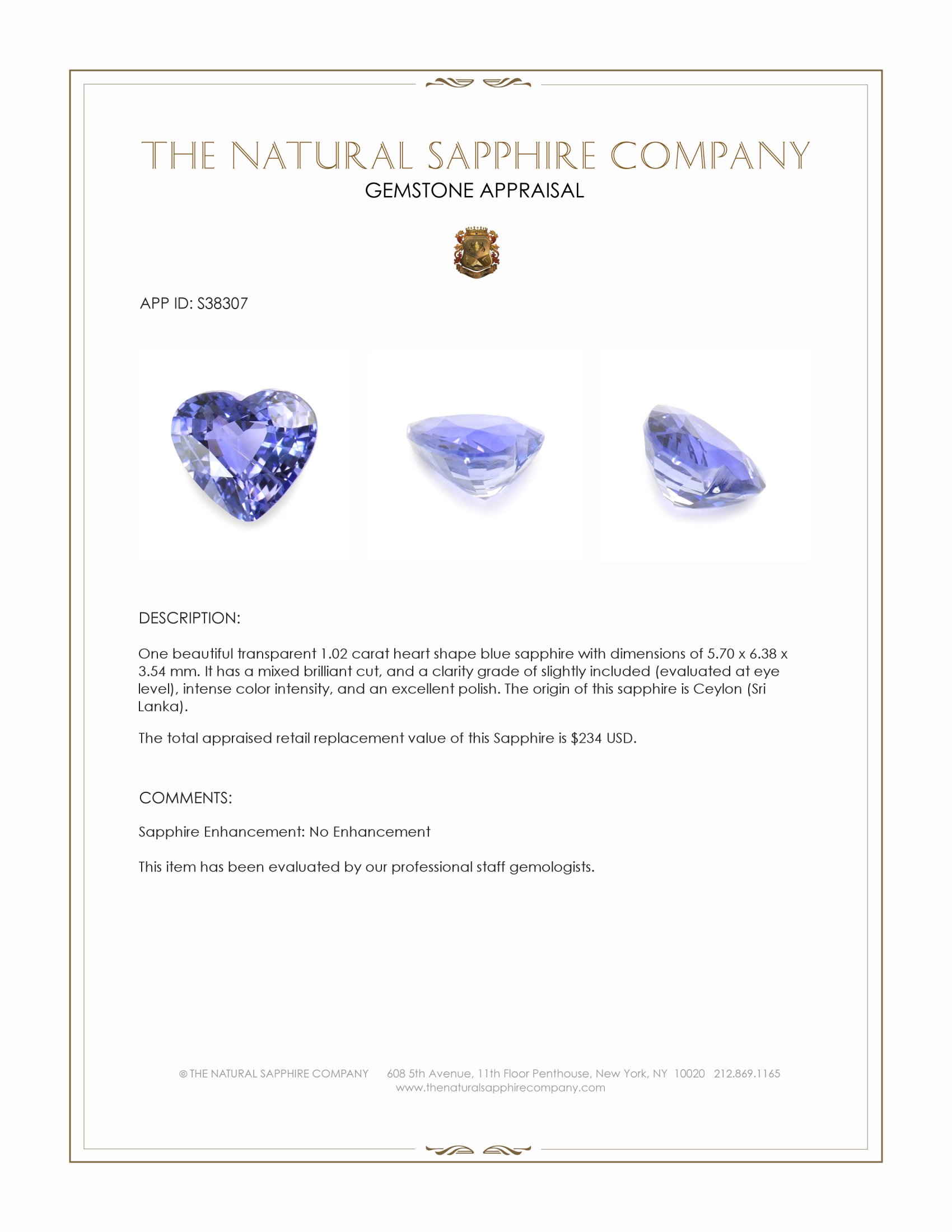 1.02 Ct. Blue Sapphire from Ceylon (Sri Lanka)