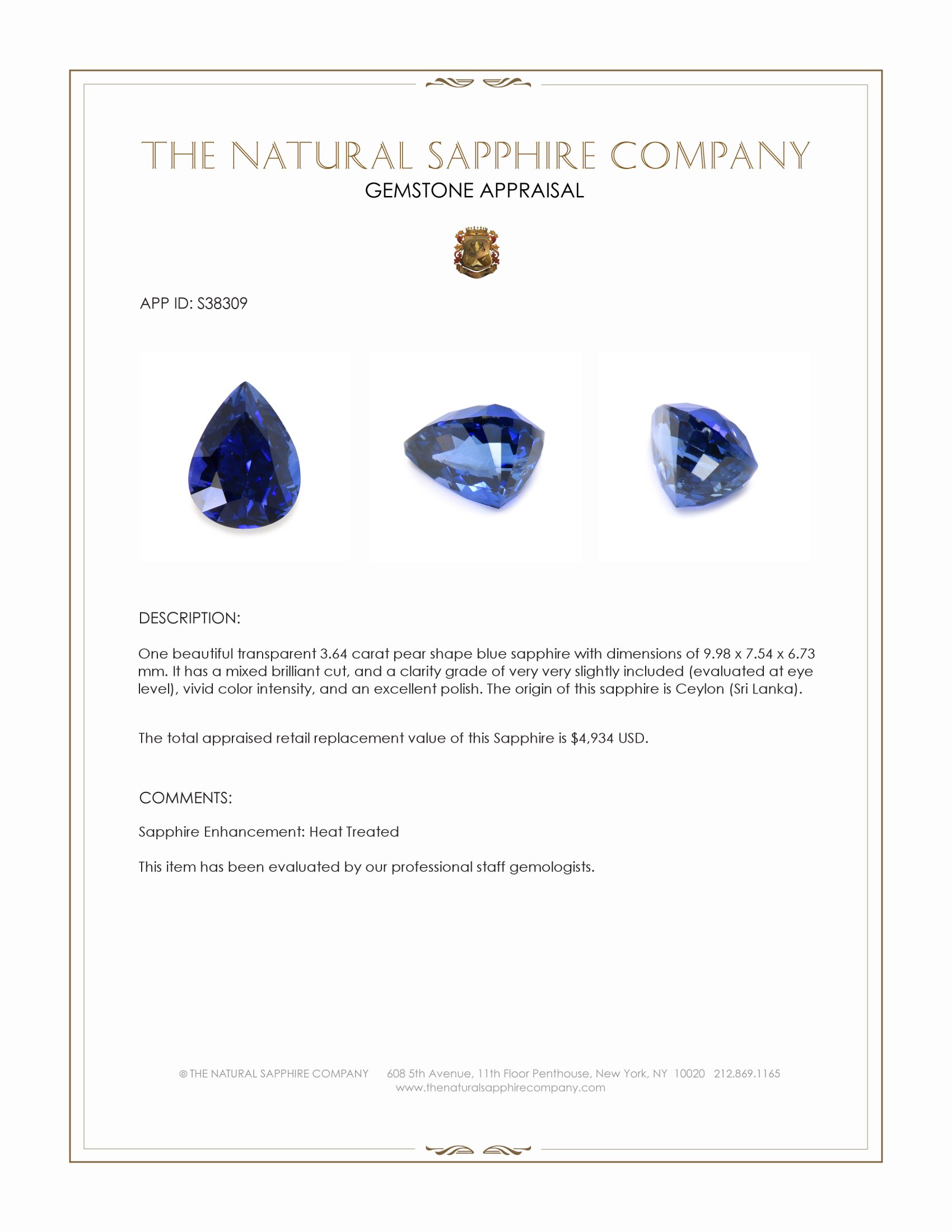 3.64 Ct. Blue Sapphire from Ceylon (Sri Lanka)