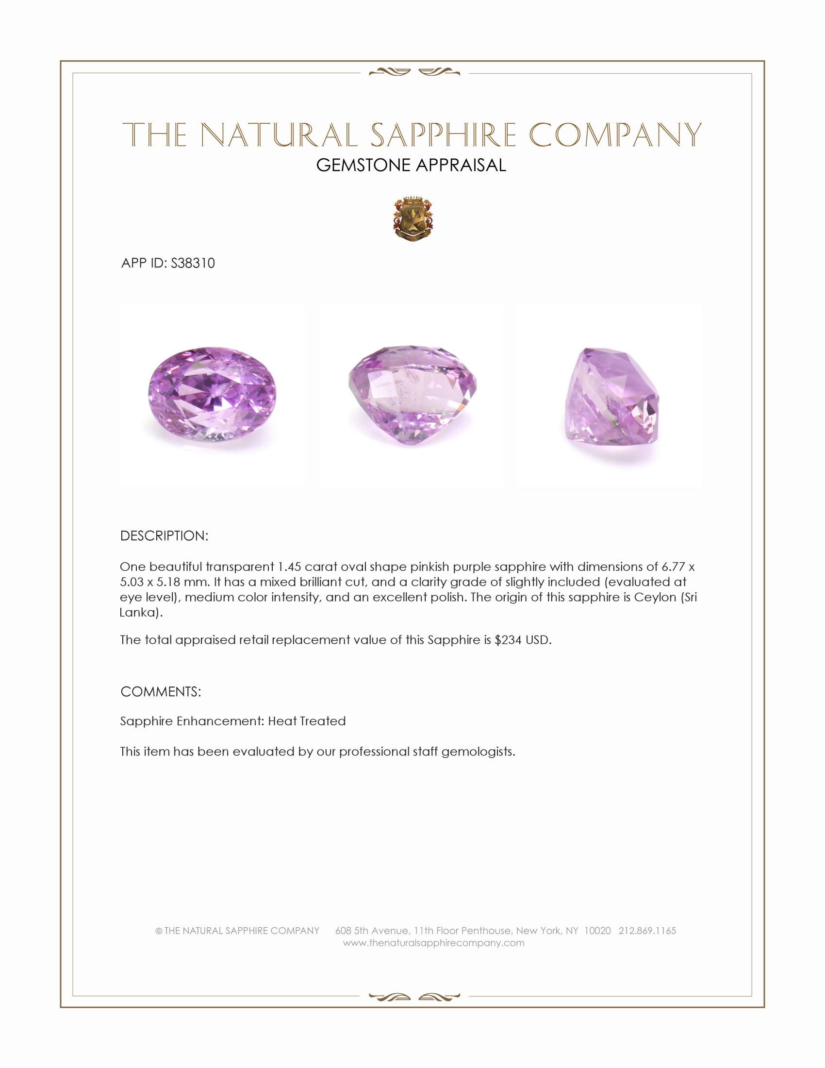 1.45 Ct. Pinkish Purple Sapphire from Ceylon (Sri Lanka)
