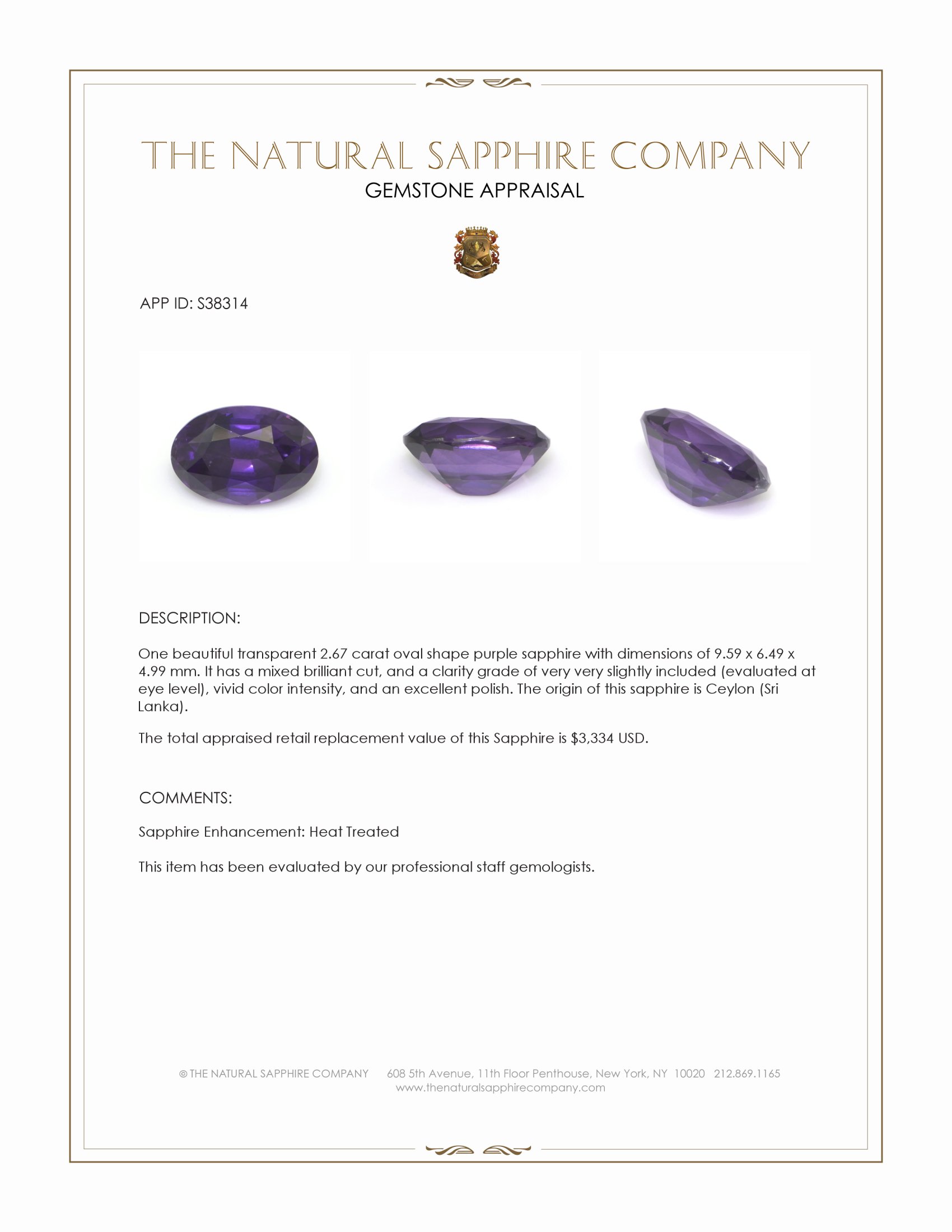 2.67 Ct. Purple Sapphire from Ceylon (Sri Lanka)