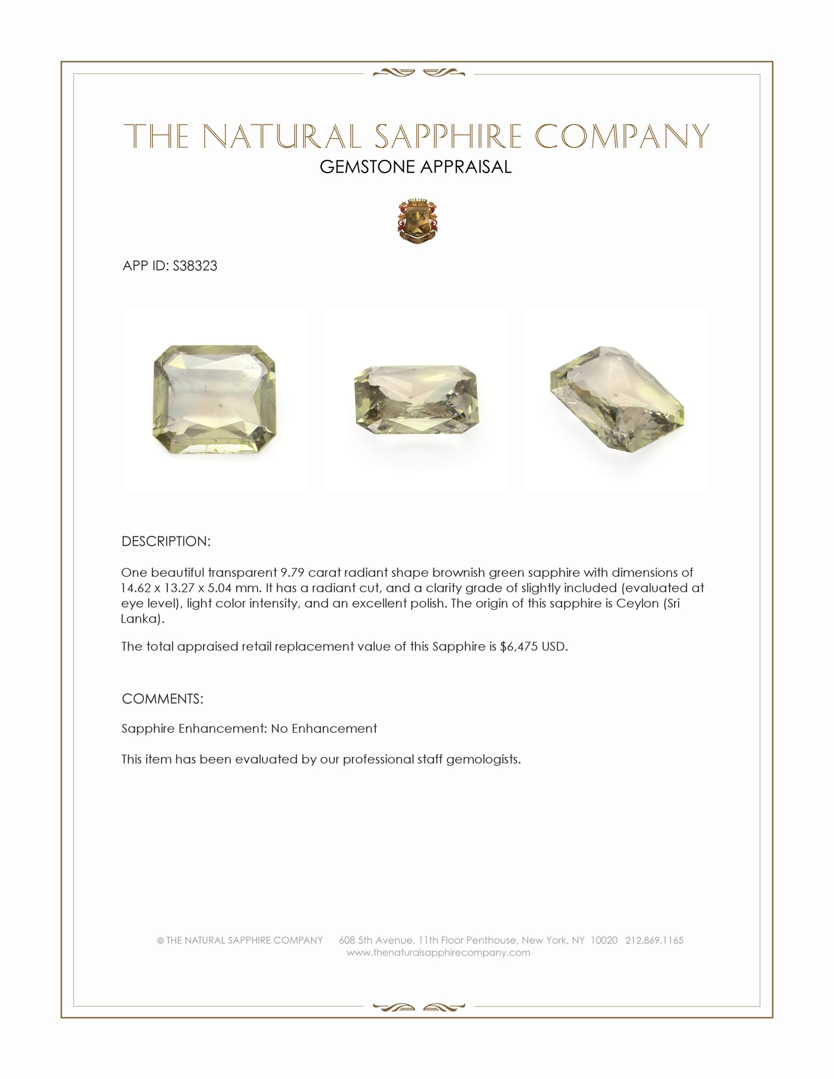 9.79 Ct. Brownish Green Sapphire from Ceylon (Sri Lanka)