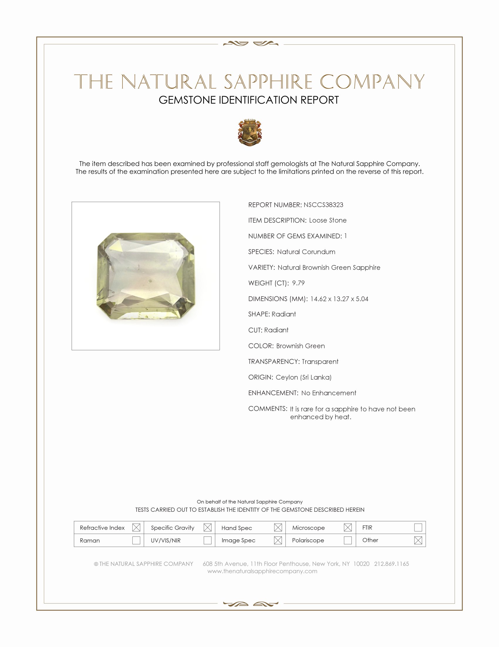 9.79 Ct. Brownish Green Sapphire from Ceylon (Sri Lanka)
