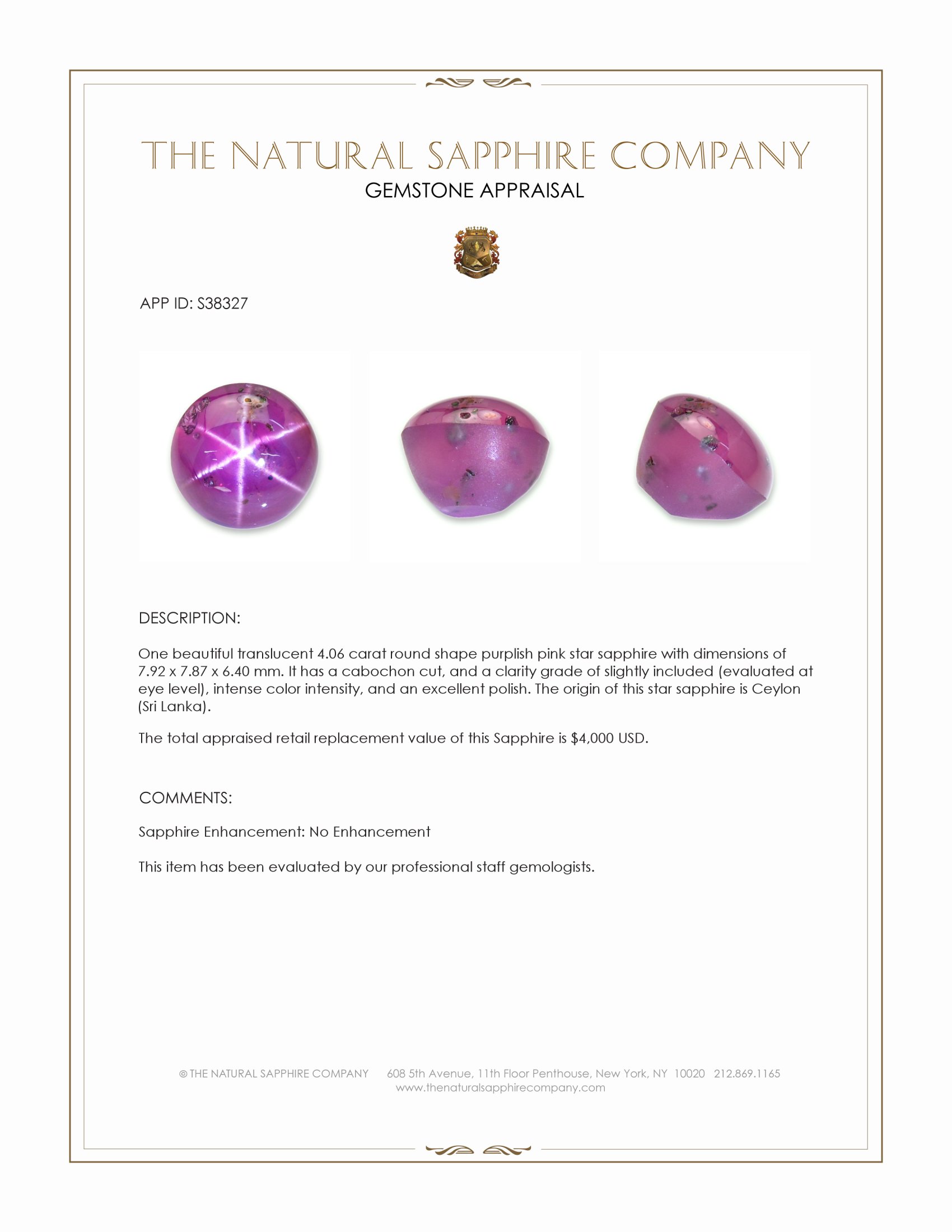 4.06 Ct. Purplish Pink Star Sapphire from Ceylon (Sri Lanka)