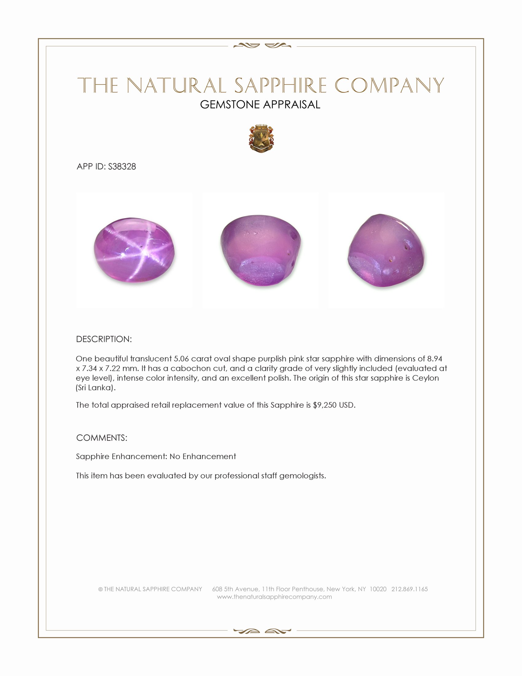 5.06 Ct. Purplish Pink Star Sapphire from Ceylon (Sri Lanka)
