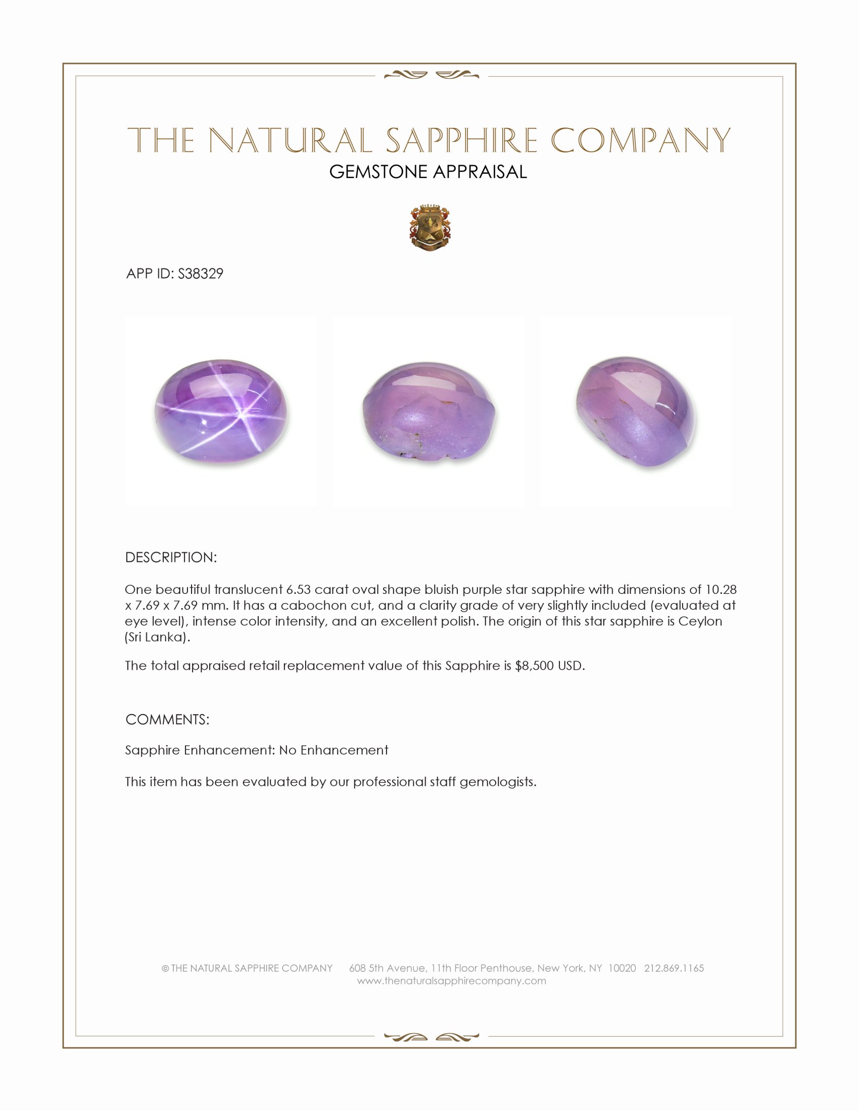 6.53 Ct. Bluish Purple Star Sapphire from Ceylon (Sri Lanka)
