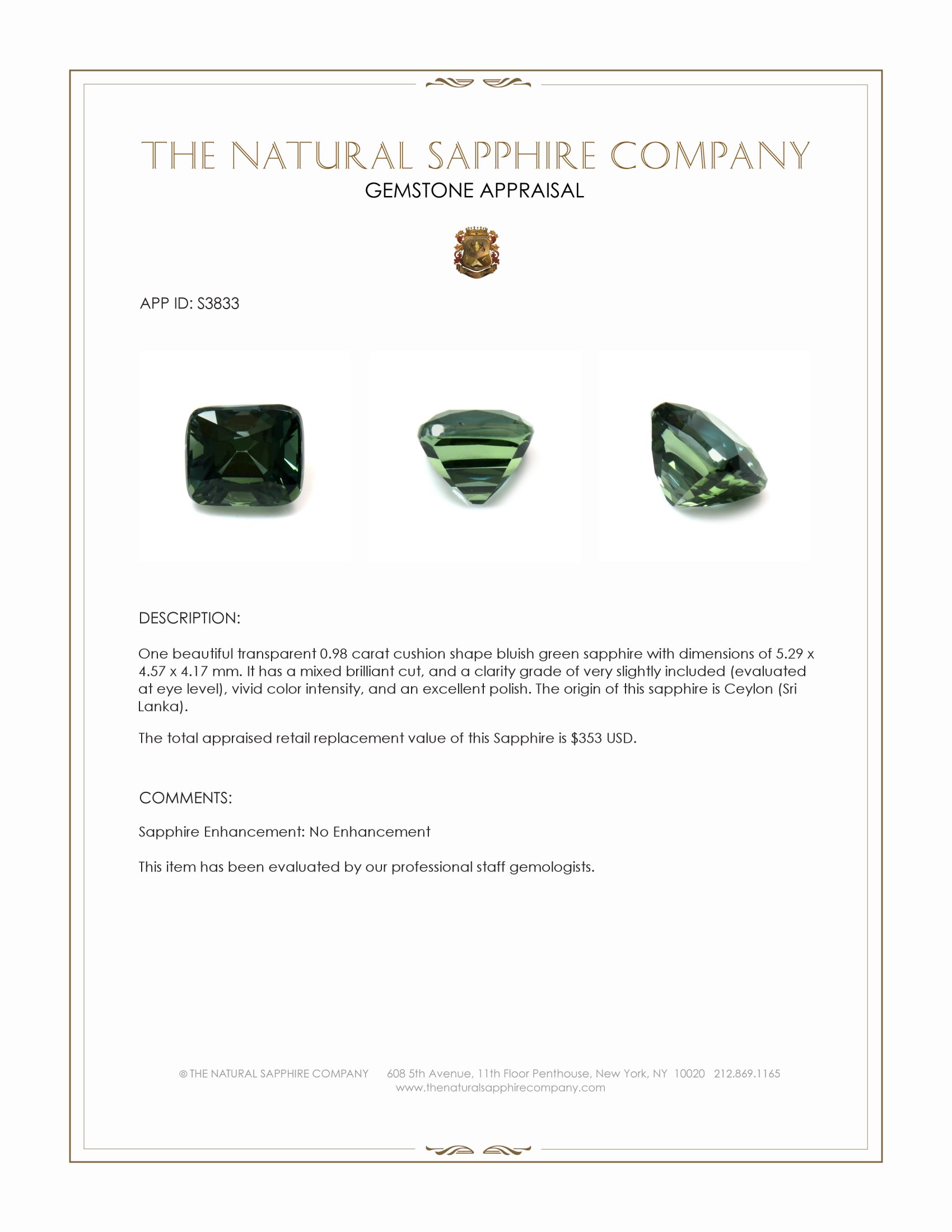 0.98 Ct. Bluish Green Sapphire from Ceylon (Sri Lanka)
