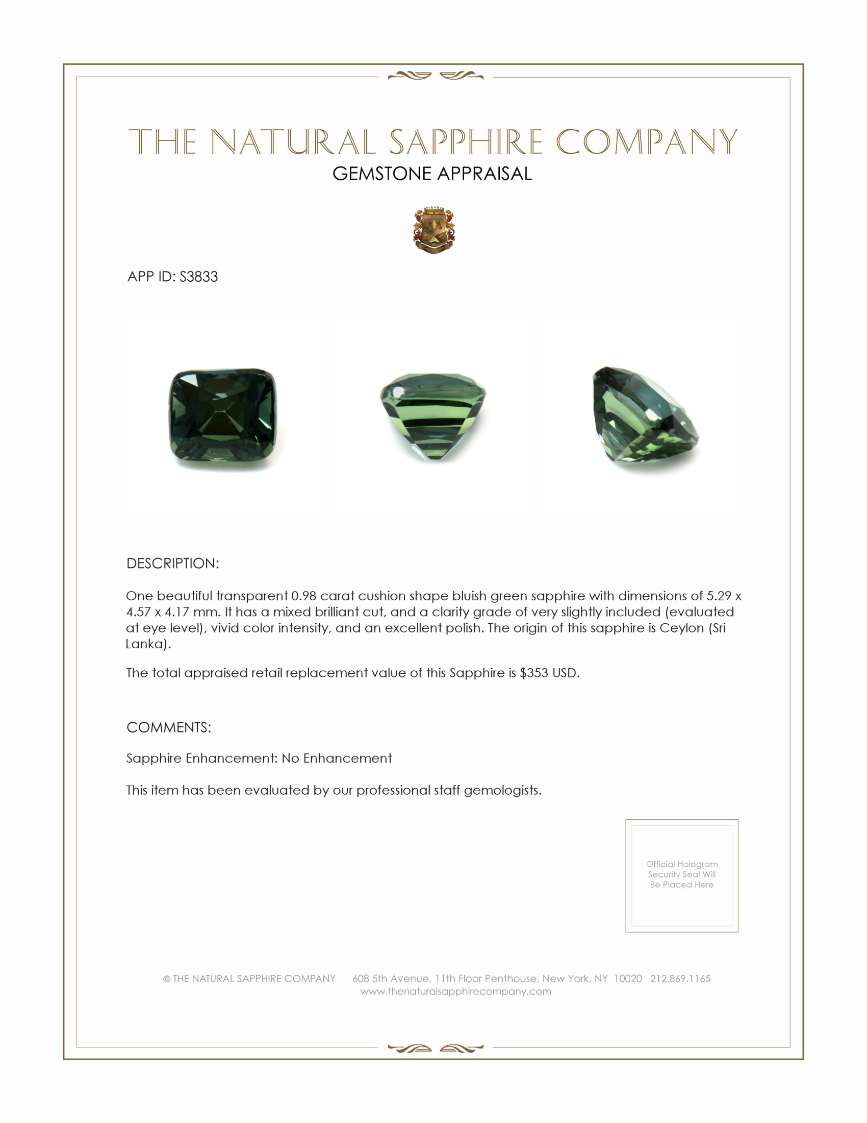 0.98 Ct. Bluish Green Sapphire from Ceylon (Sri Lanka)