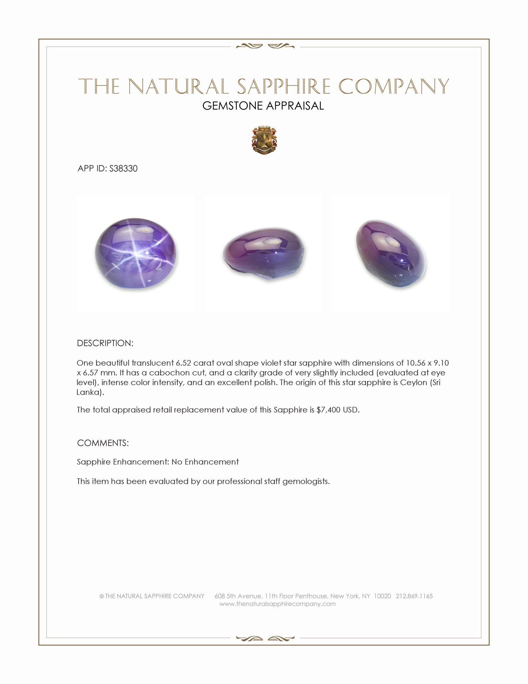 6.52 Ct. Violet Star Sapphire from Ceylon (Sri Lanka)